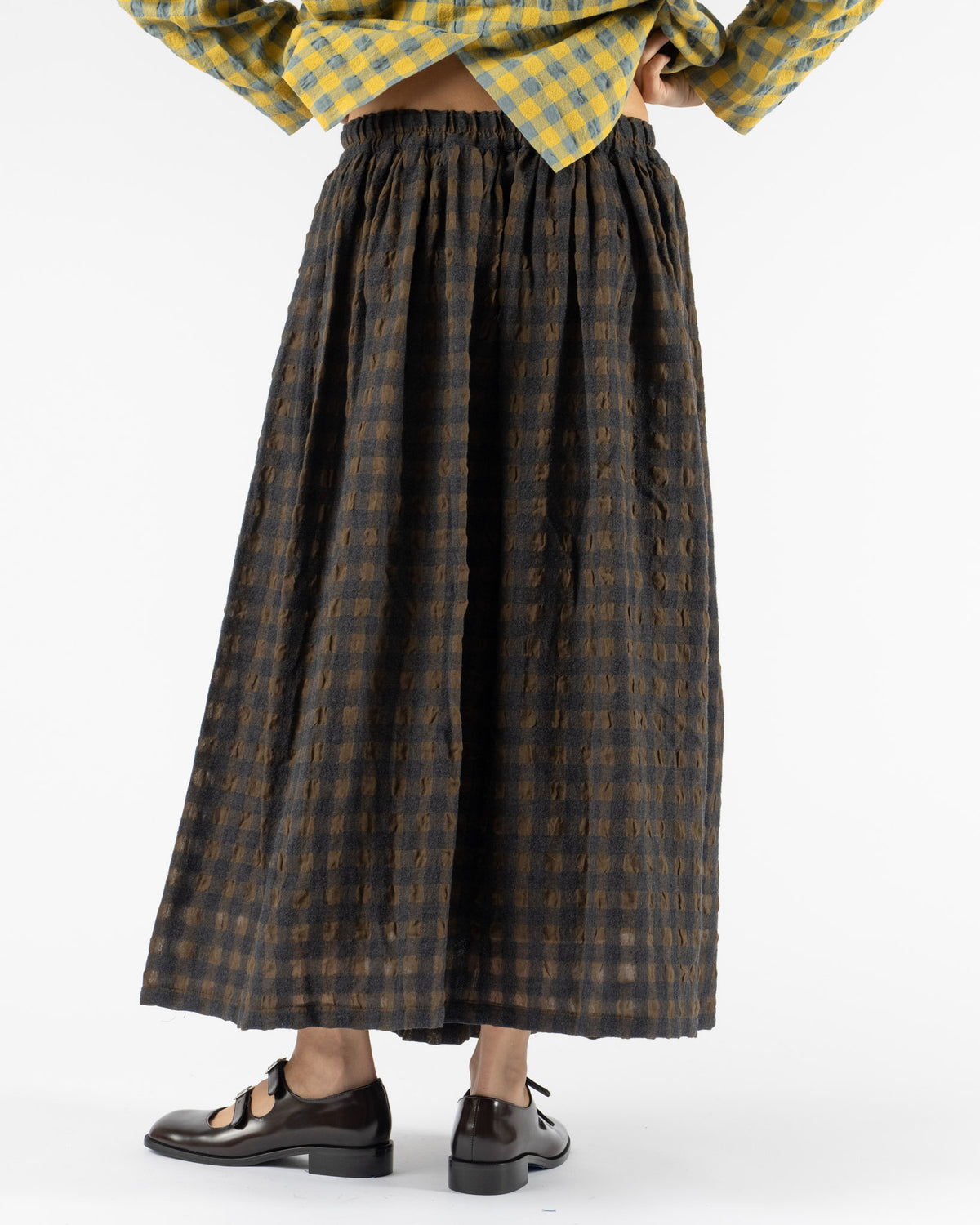 Ichi Antiquités Gingham Check Skirt in Khaki x Charcoal