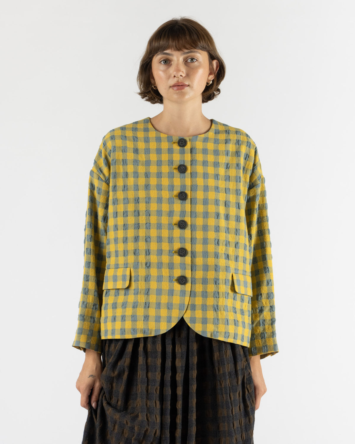 Ichi Antiquités Gingham Check Jacket in Blue x Yellow