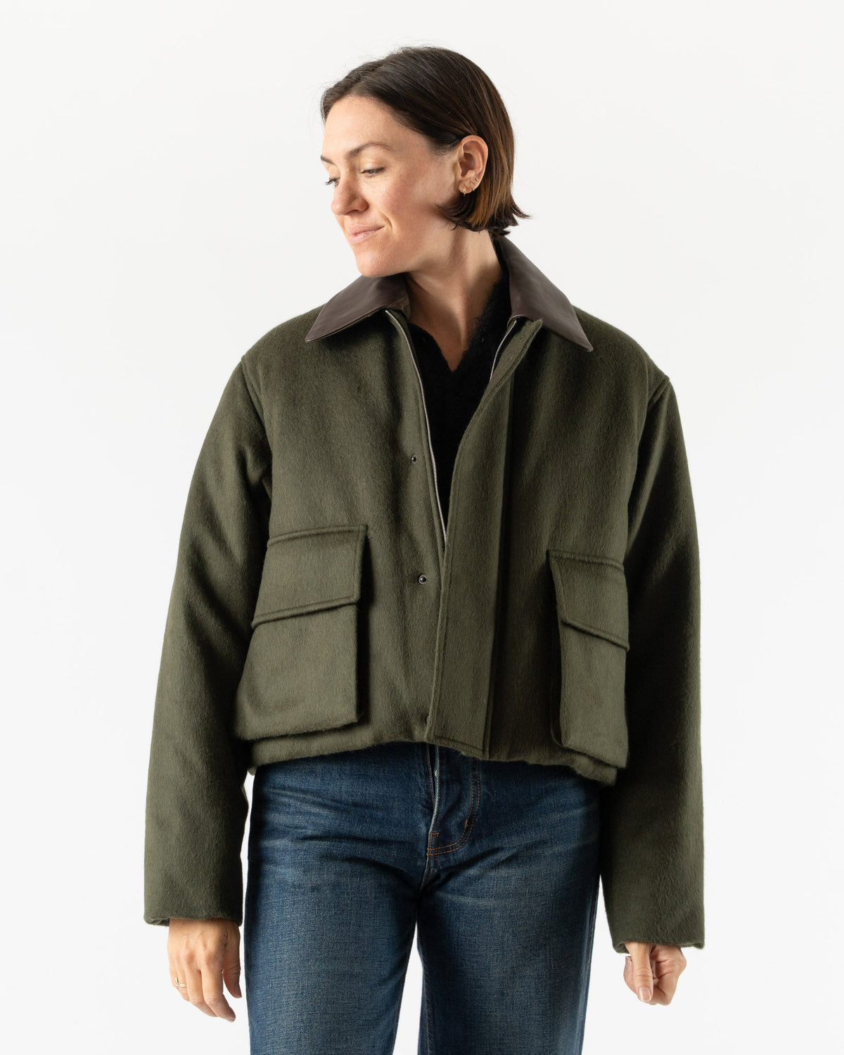 Auralee Baby Camel Flannel Padded Short Blouson in Dark Olive 