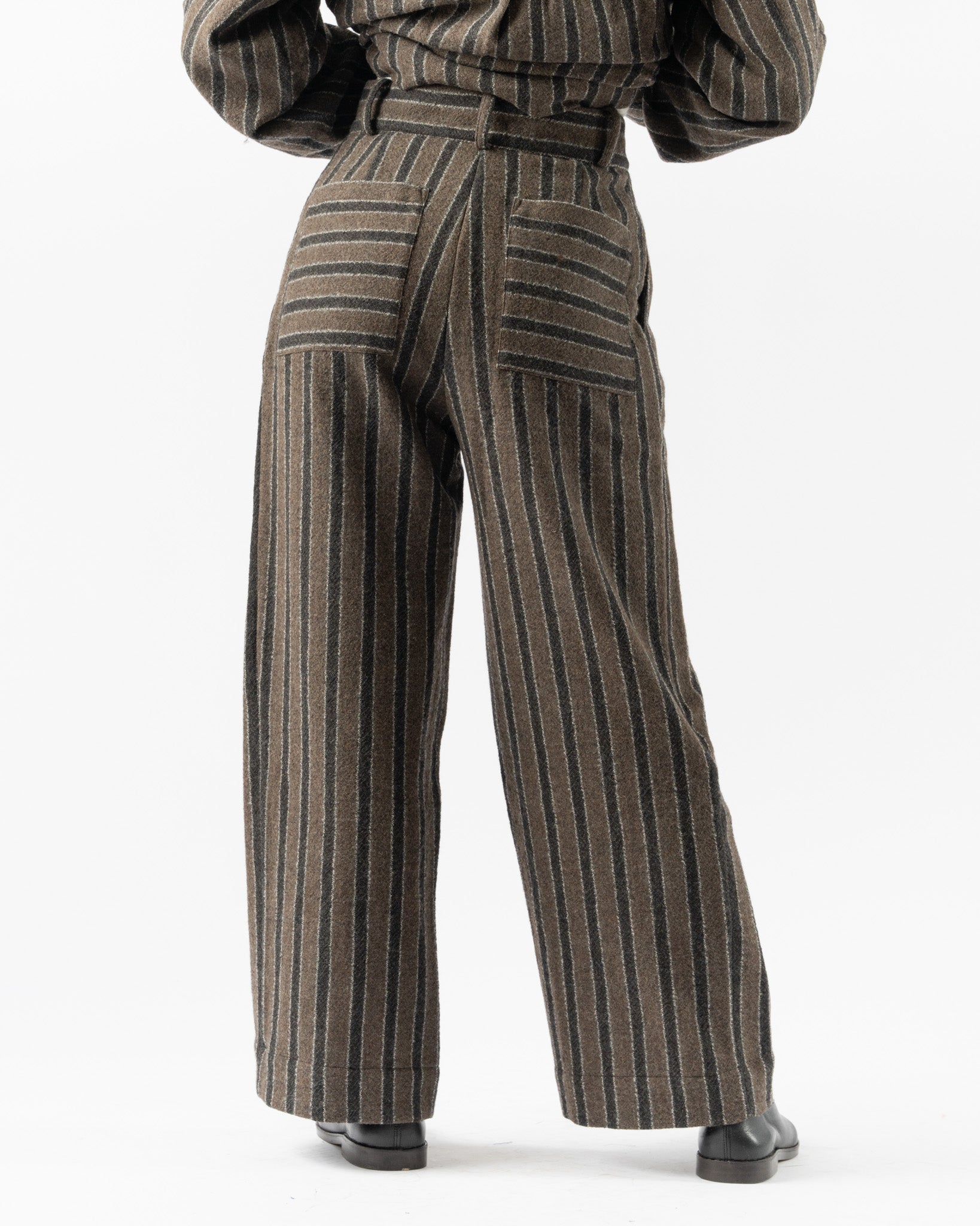 Cawley Japanese Boucle Wool Willa Trouser in Brown/Charcoal Stripe
