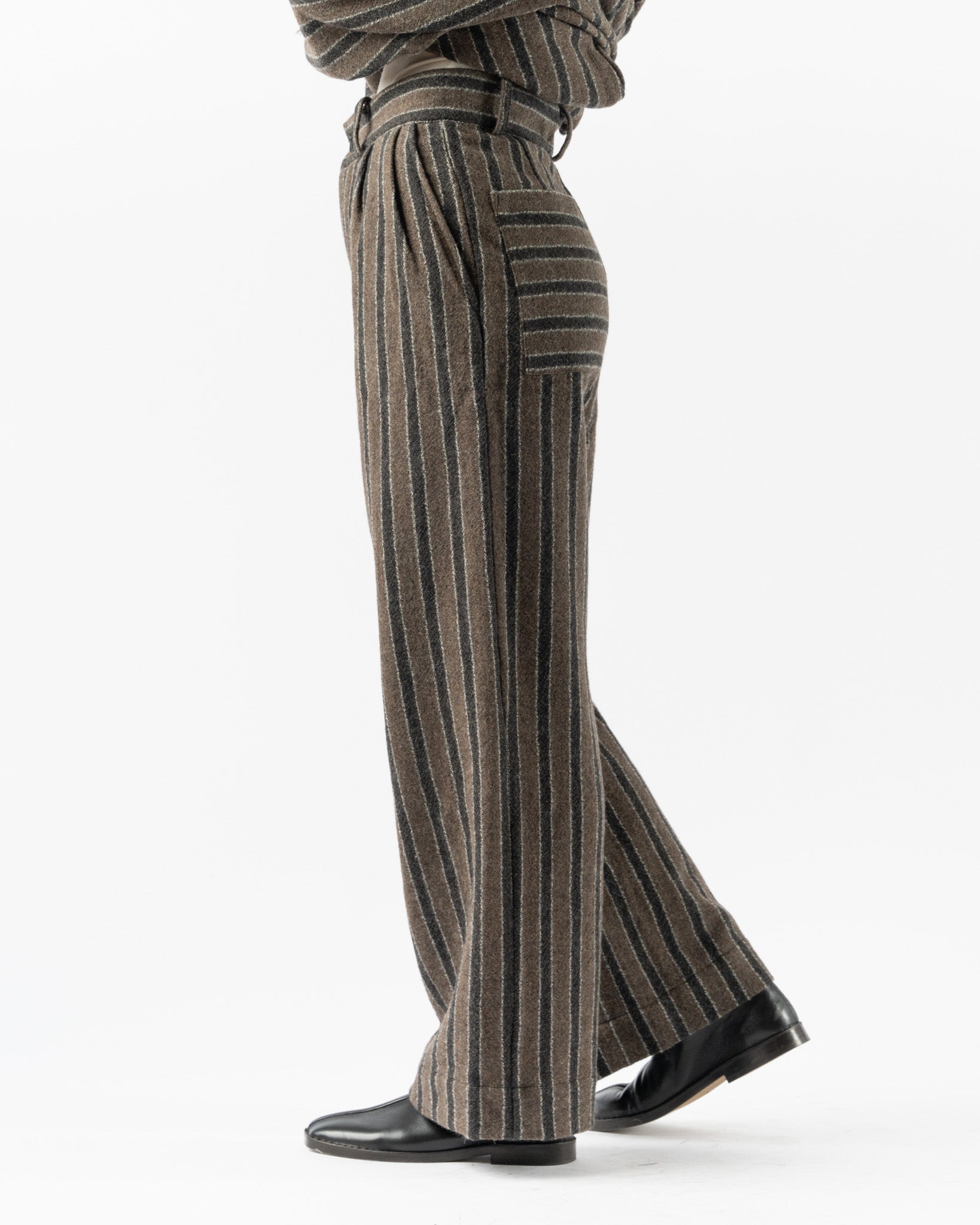 Cawley Japanese Boucle Wool Willa Trouser in Brown/Charcoal Stripe