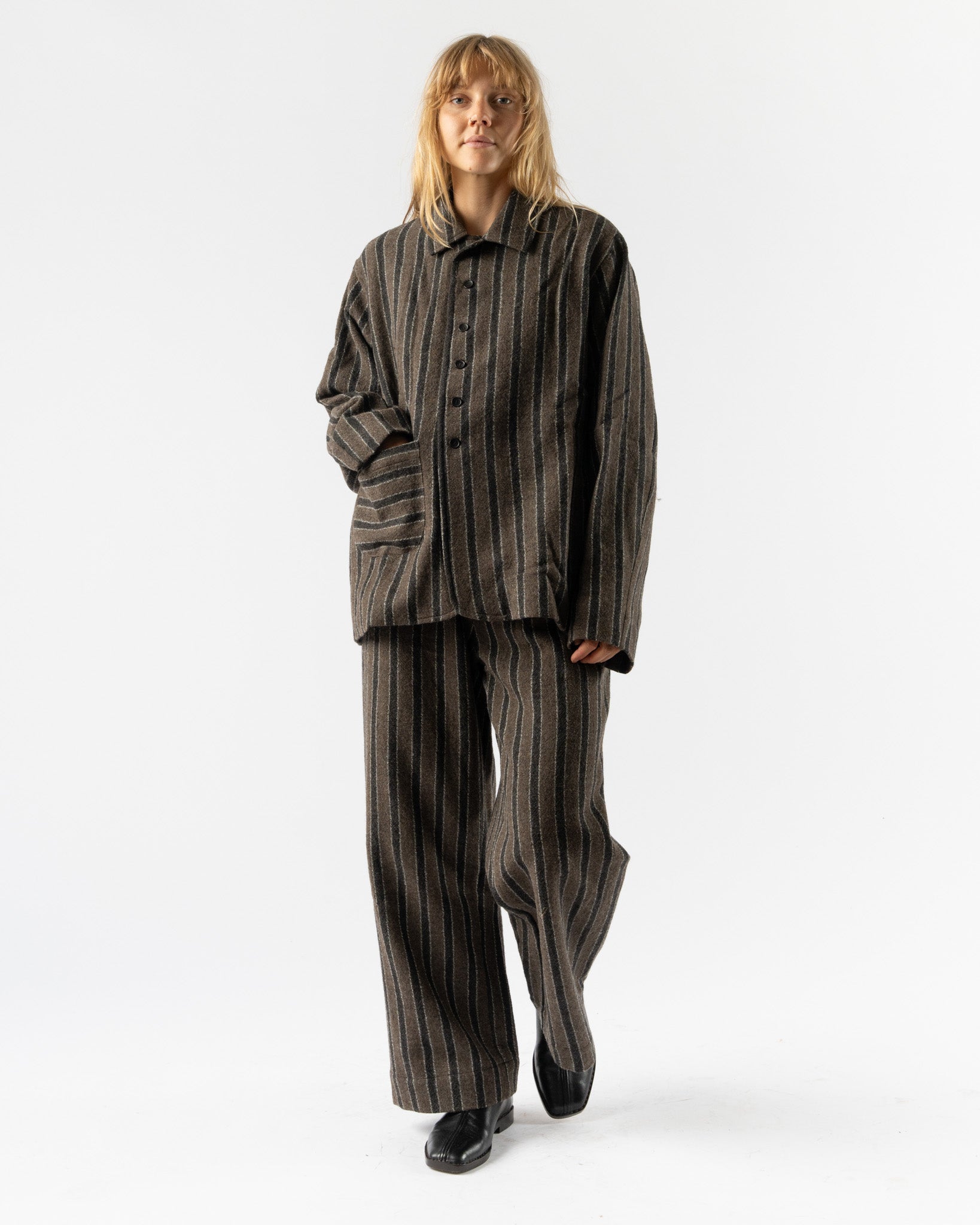Cawley Japanese Boucle Wool Willa Trouser in Brown/Charcoal Stripe