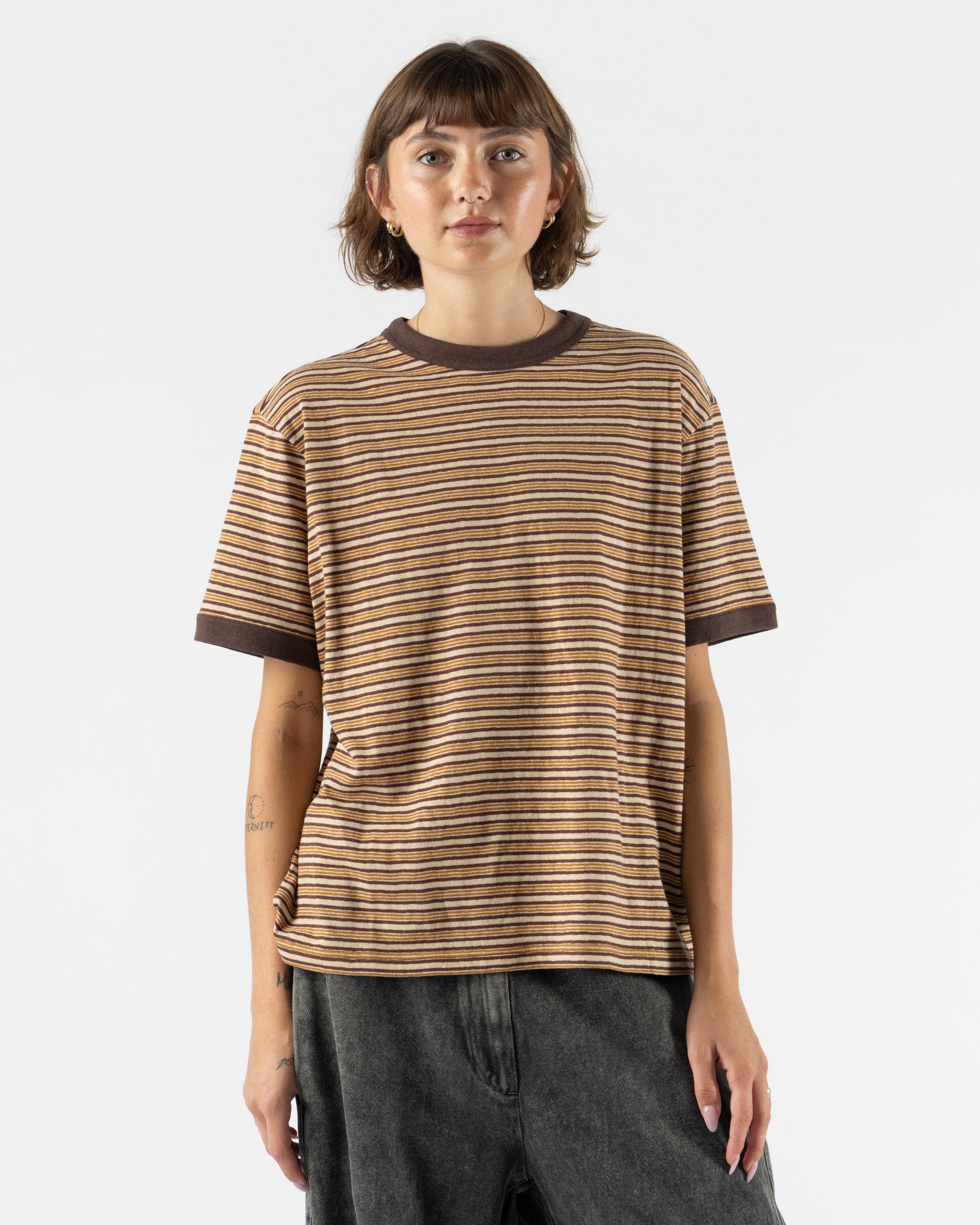 Cawley Japanese Jersey Short Sleeve T-Shirt in Brown Stripe