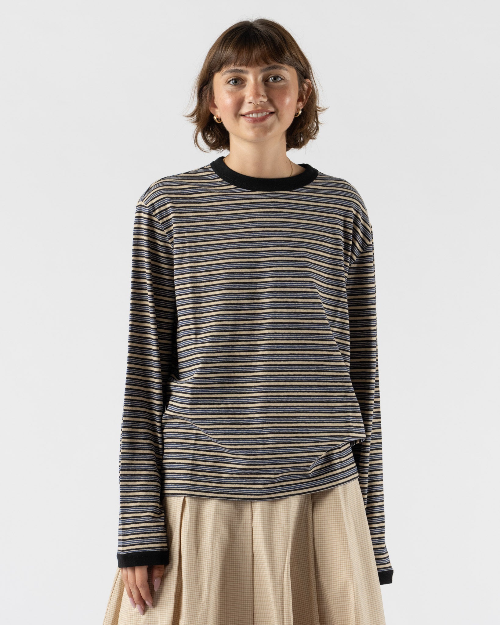 Cawley Japanese Jersey Long Sleeve T-Shirt in Blue Stripe