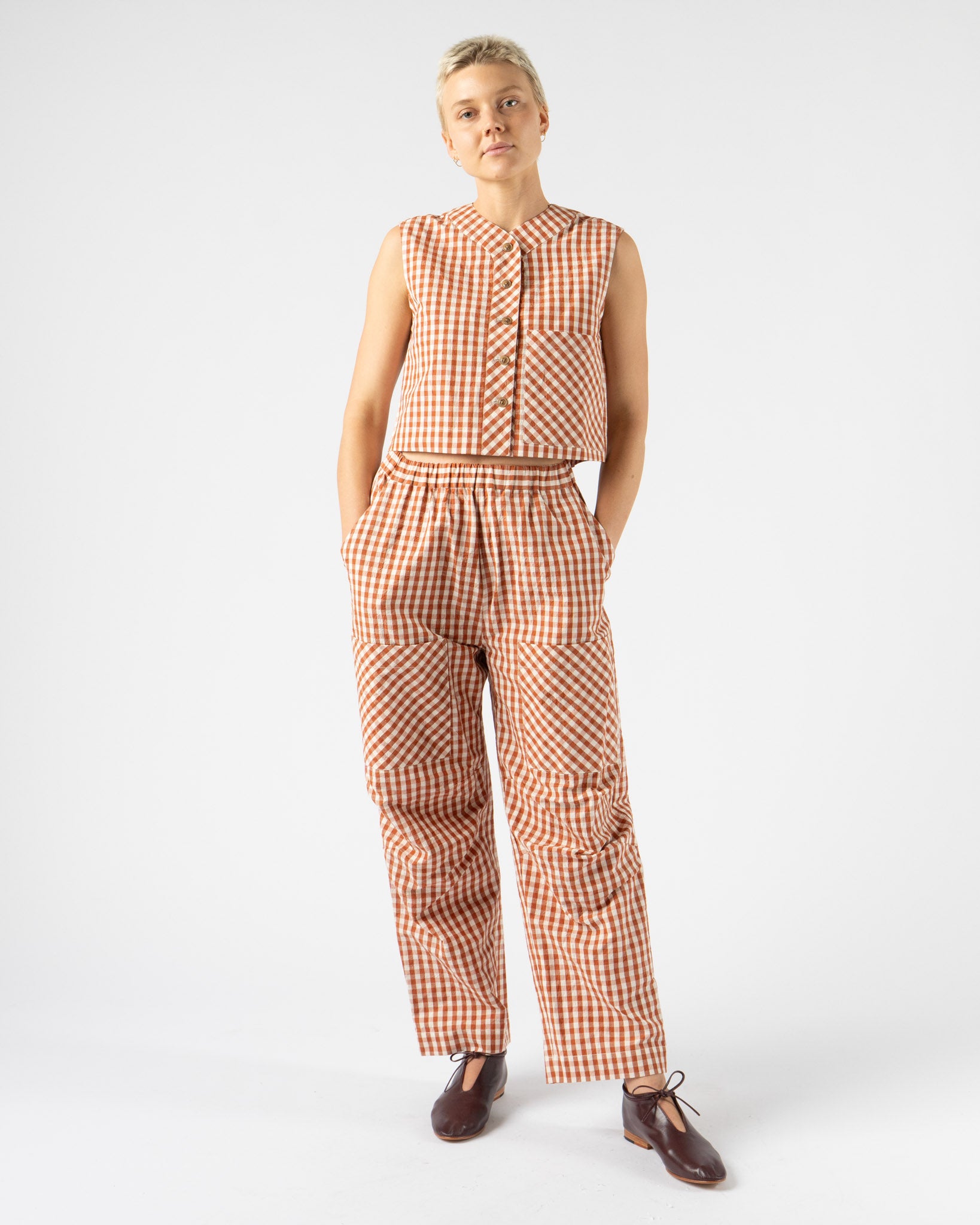 KasMaria Crinkle Cotton Linen Gingham Crop Top