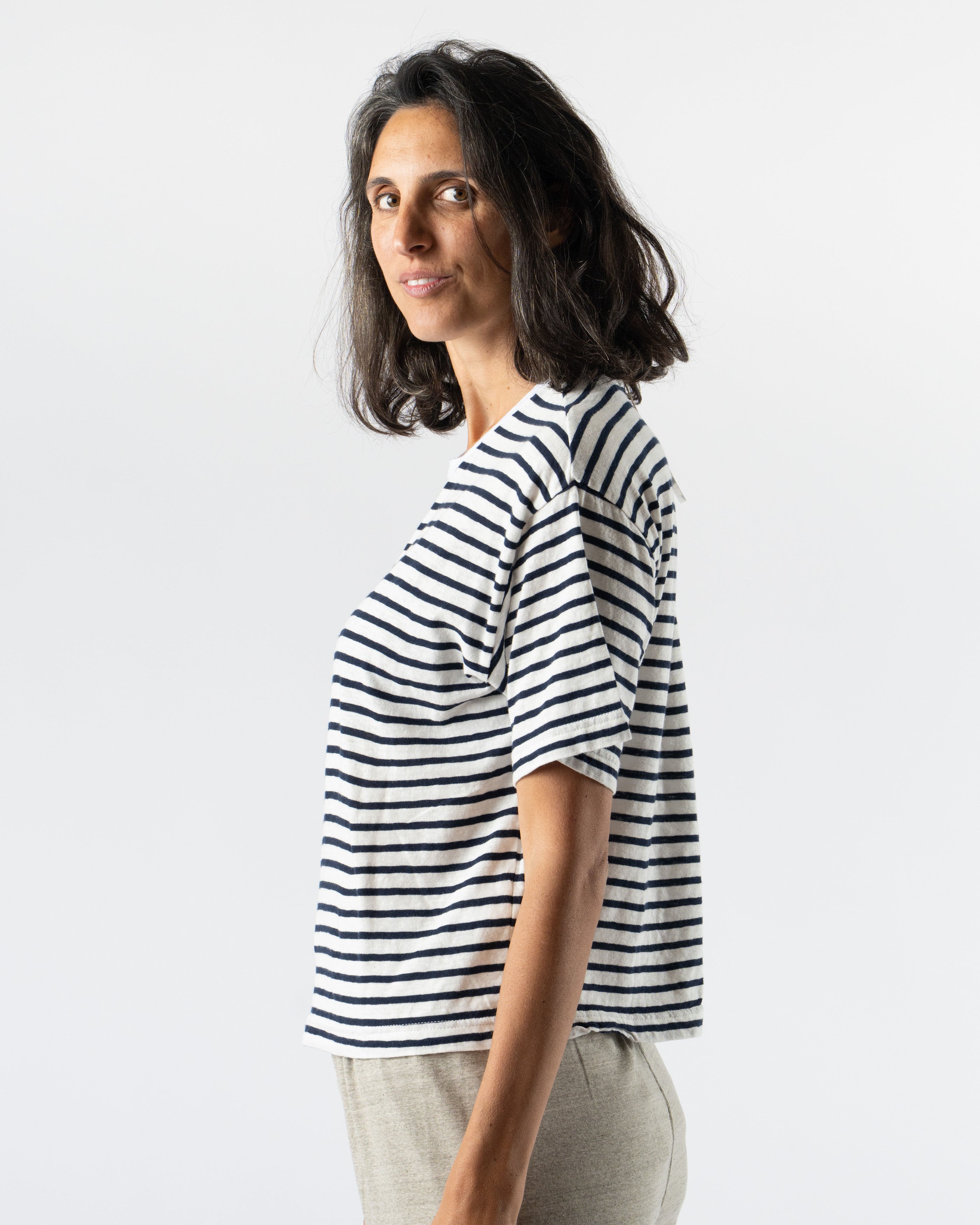 Ichi Antiquités Knit Organic T-Shirt in Navy x White