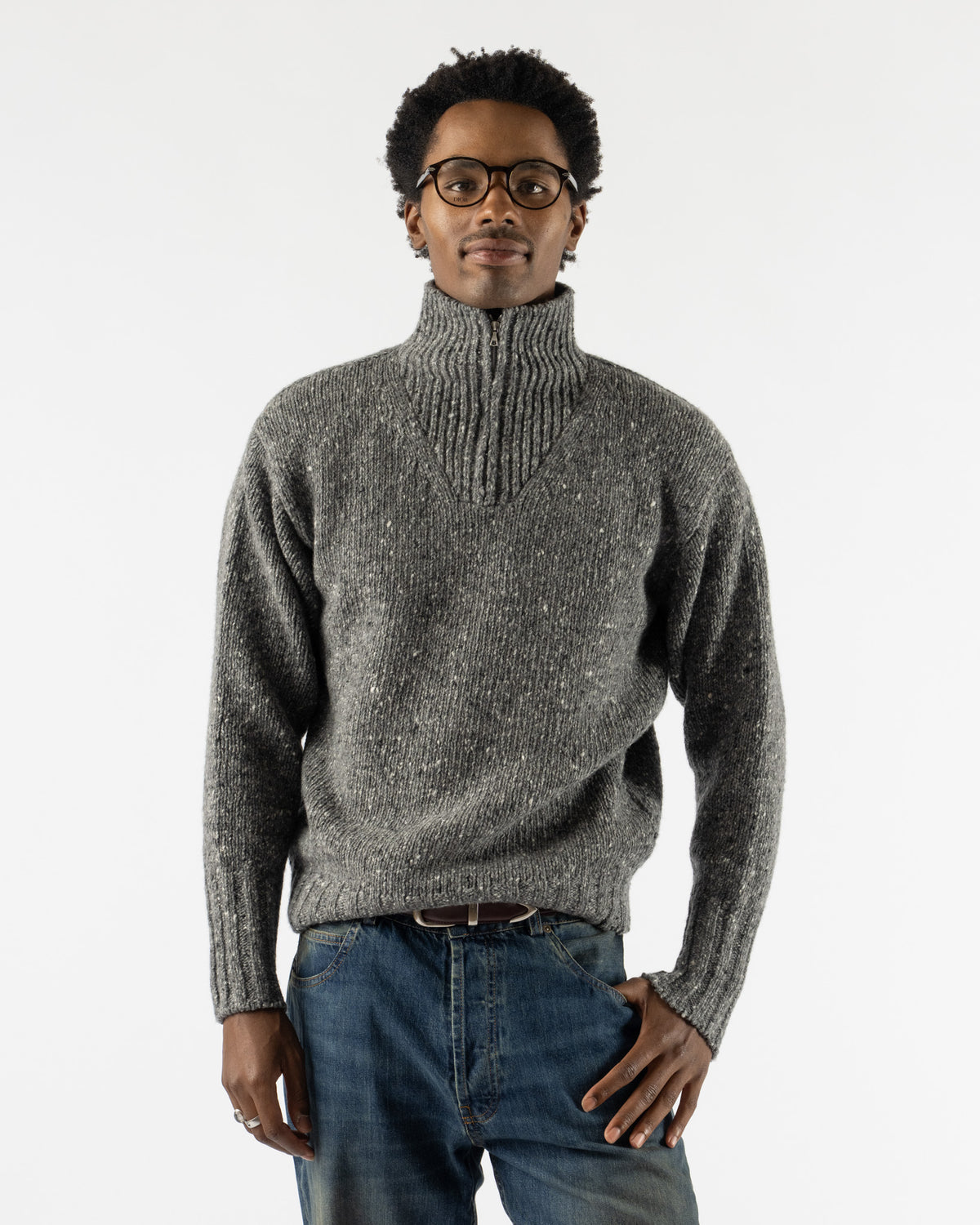 Auralee Low-Gauge Homespun Tweed Knit Zip Turtle Swaeter in Top Charcoal