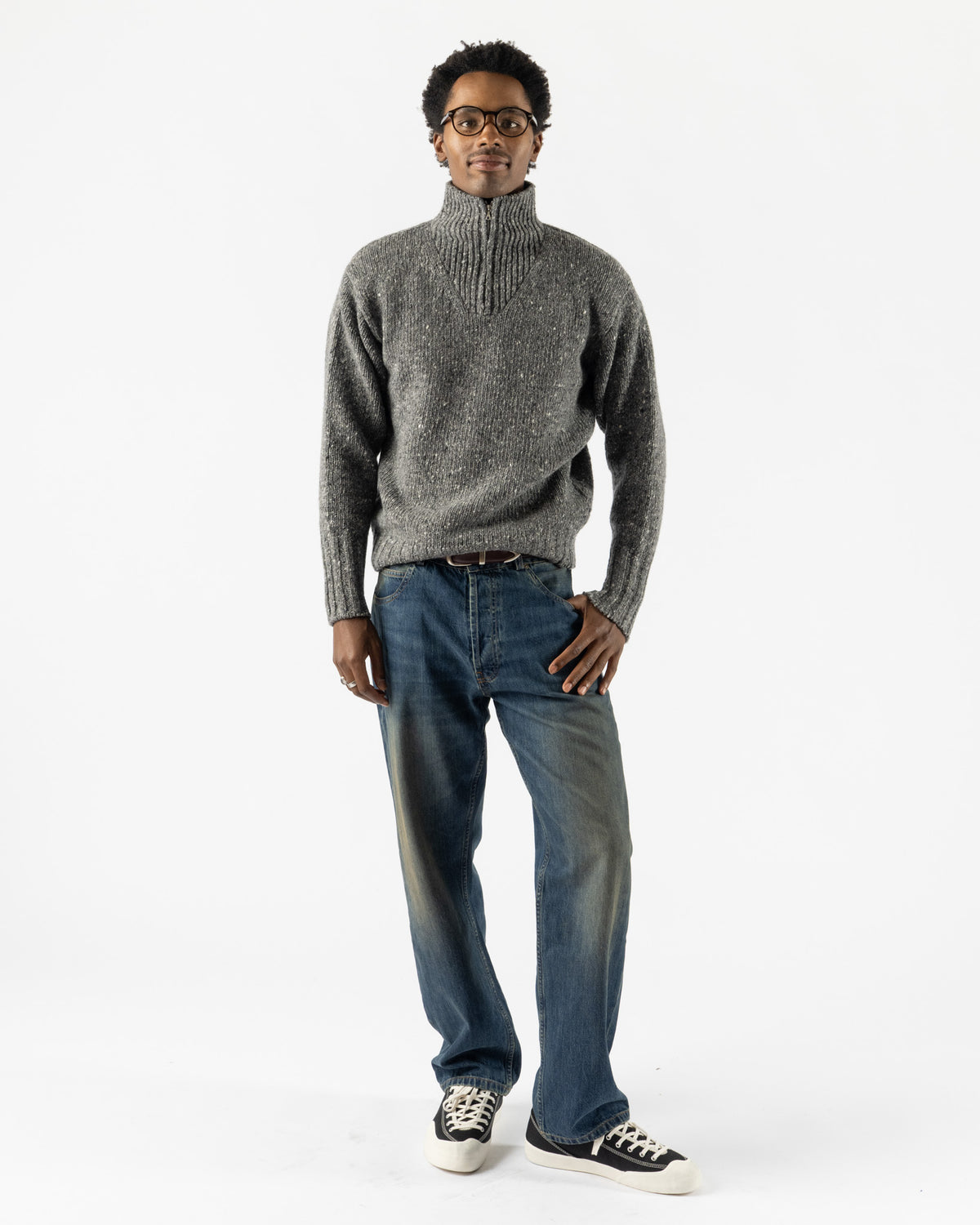 Auralee Low-Gauge Homespun Tweed Knit Zip Turtle Swaeter in Top Charcoal