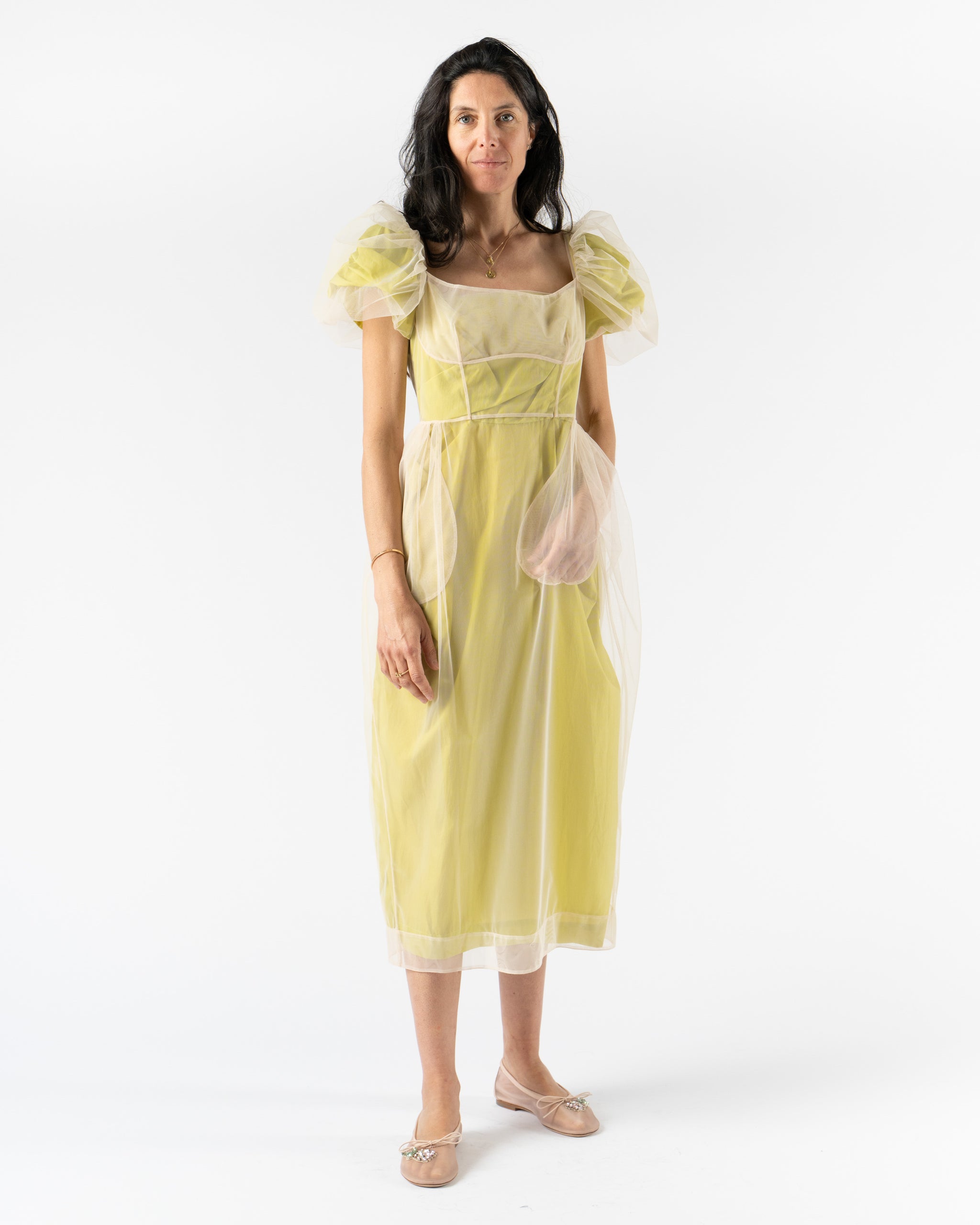 simone rocha dress Simone Rocha Layered Balconette Bust Detail Dress in Matcha/Nude Tulle  Trapped Paper Curated at Jake and Jones