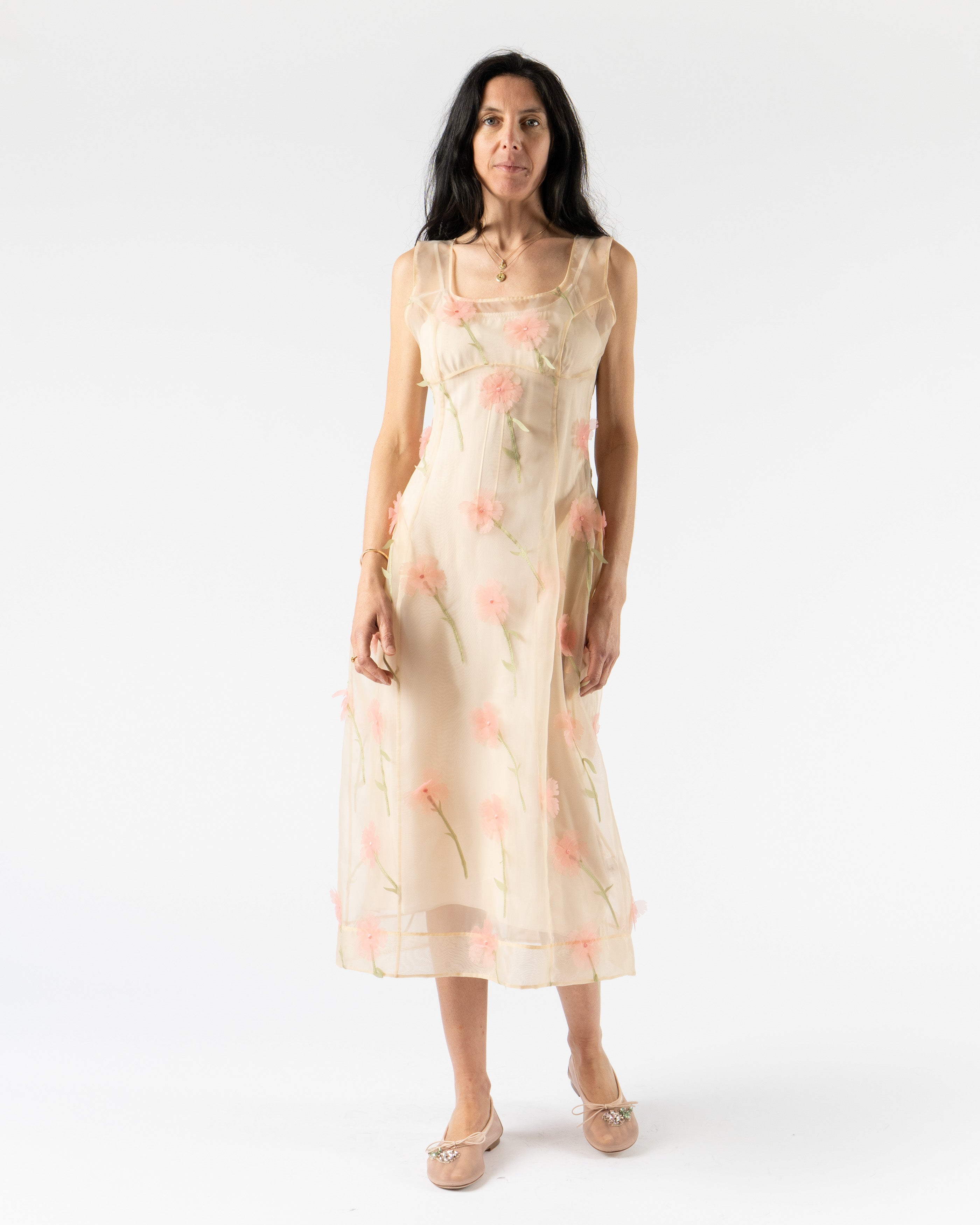 Simone Rocha Balconette Bust Detail Dress in Nude/Multi Carnation Organza