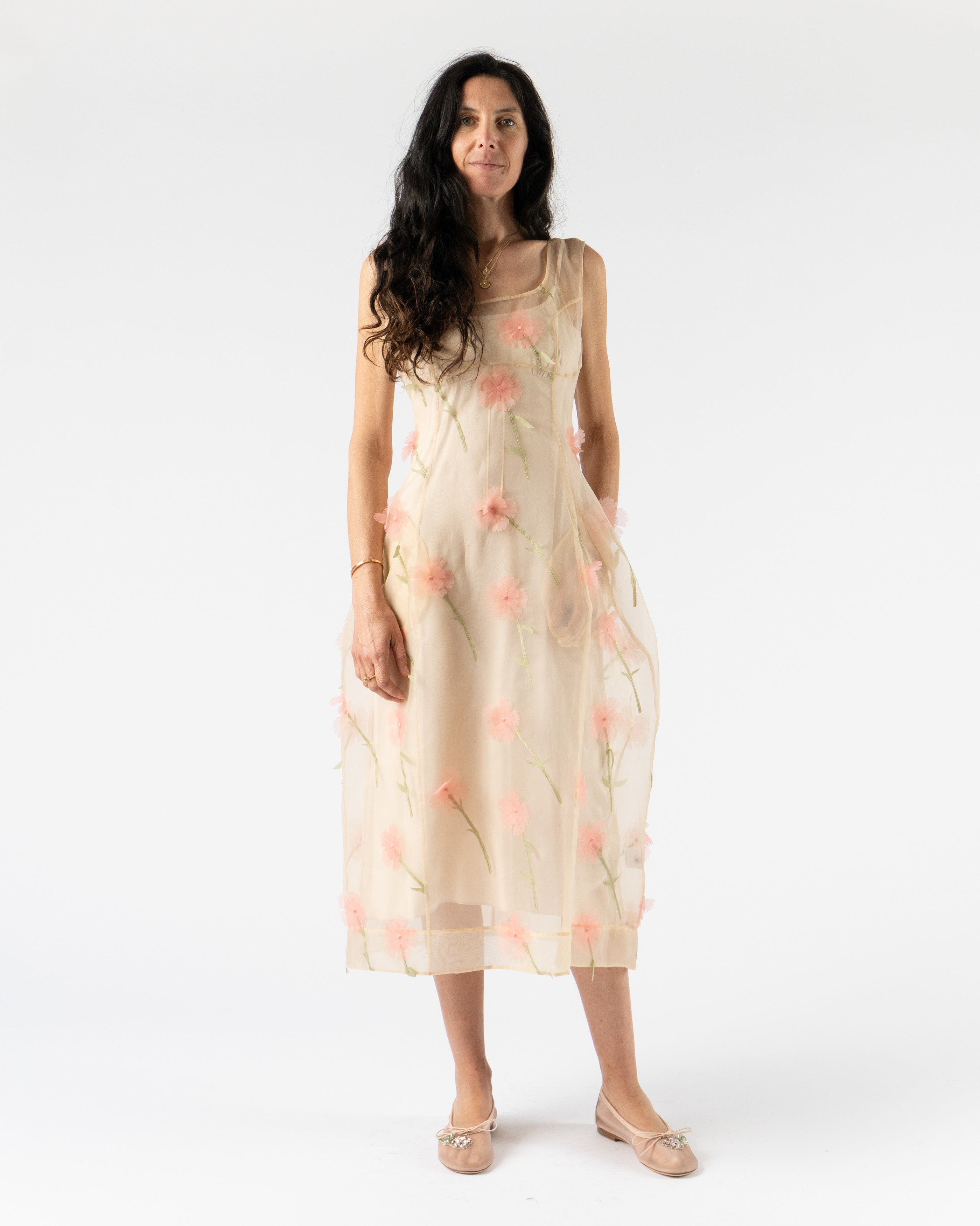 Simone Rocha Balconette Bust Detail Dress in Nude/Multi Carnation Organza