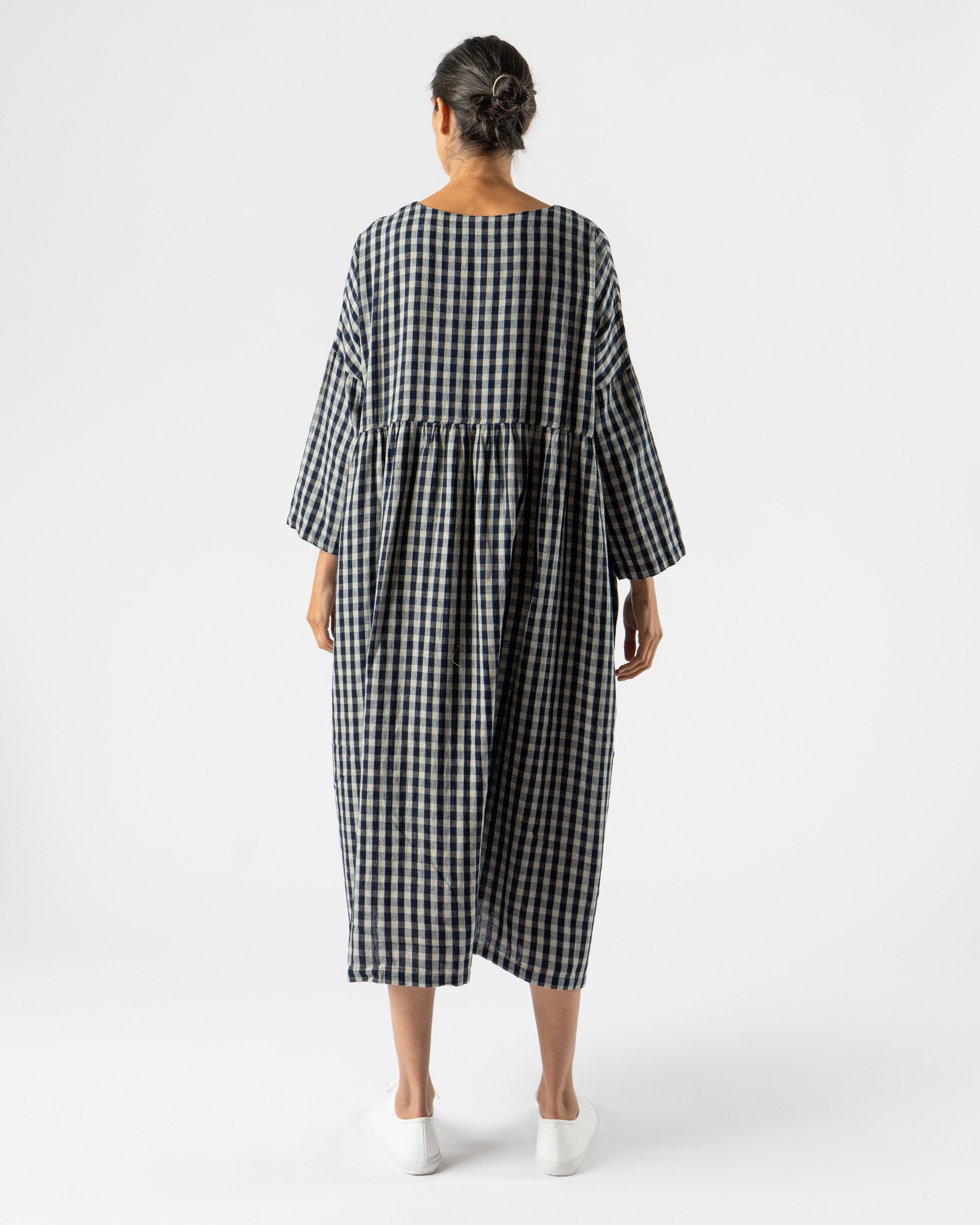 Ichi Antiquités Linen Gingham Check Dress in Indigo/Natural