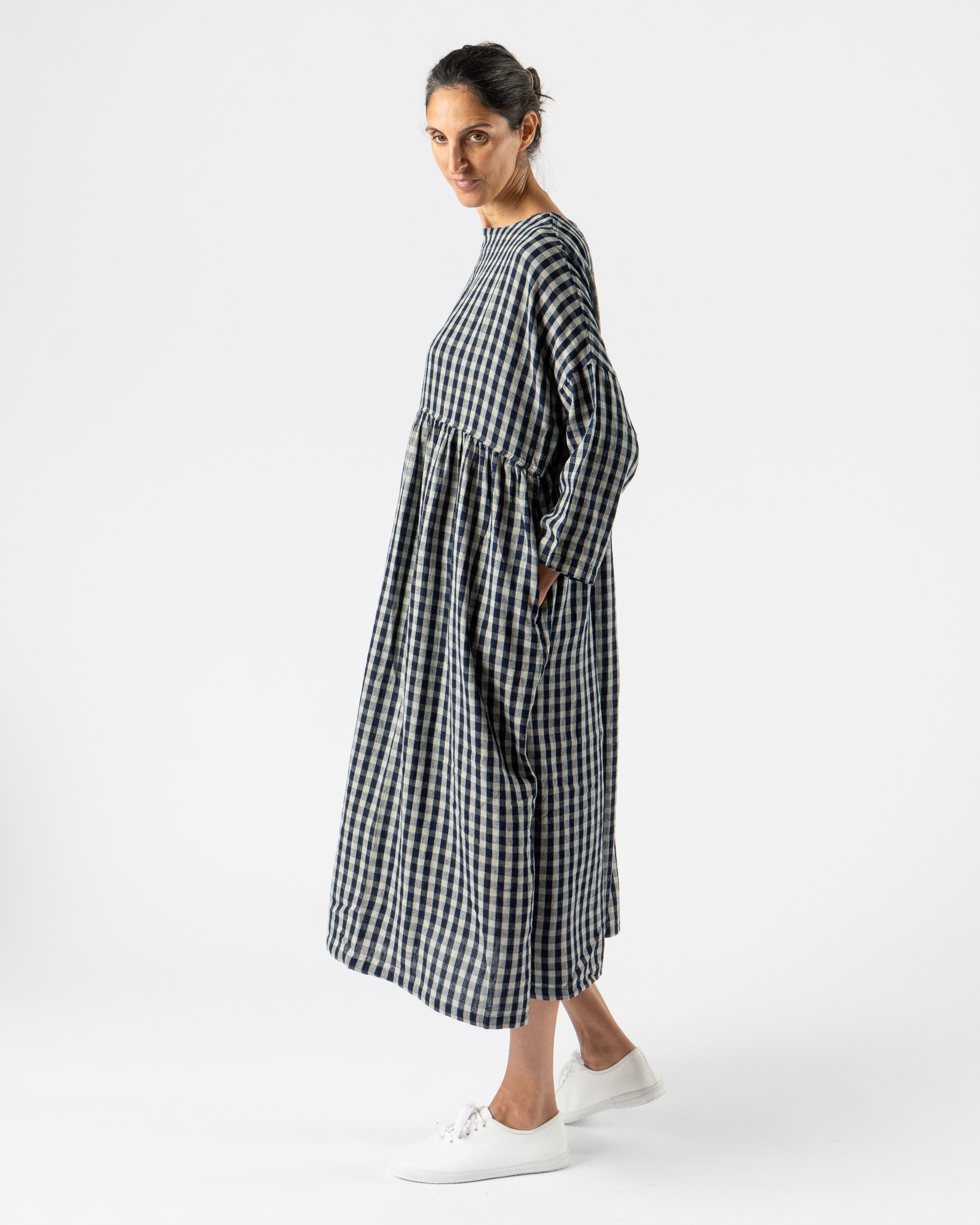 Ichi Antiquités Linen Gingham Check Dress in Indigo/Natural