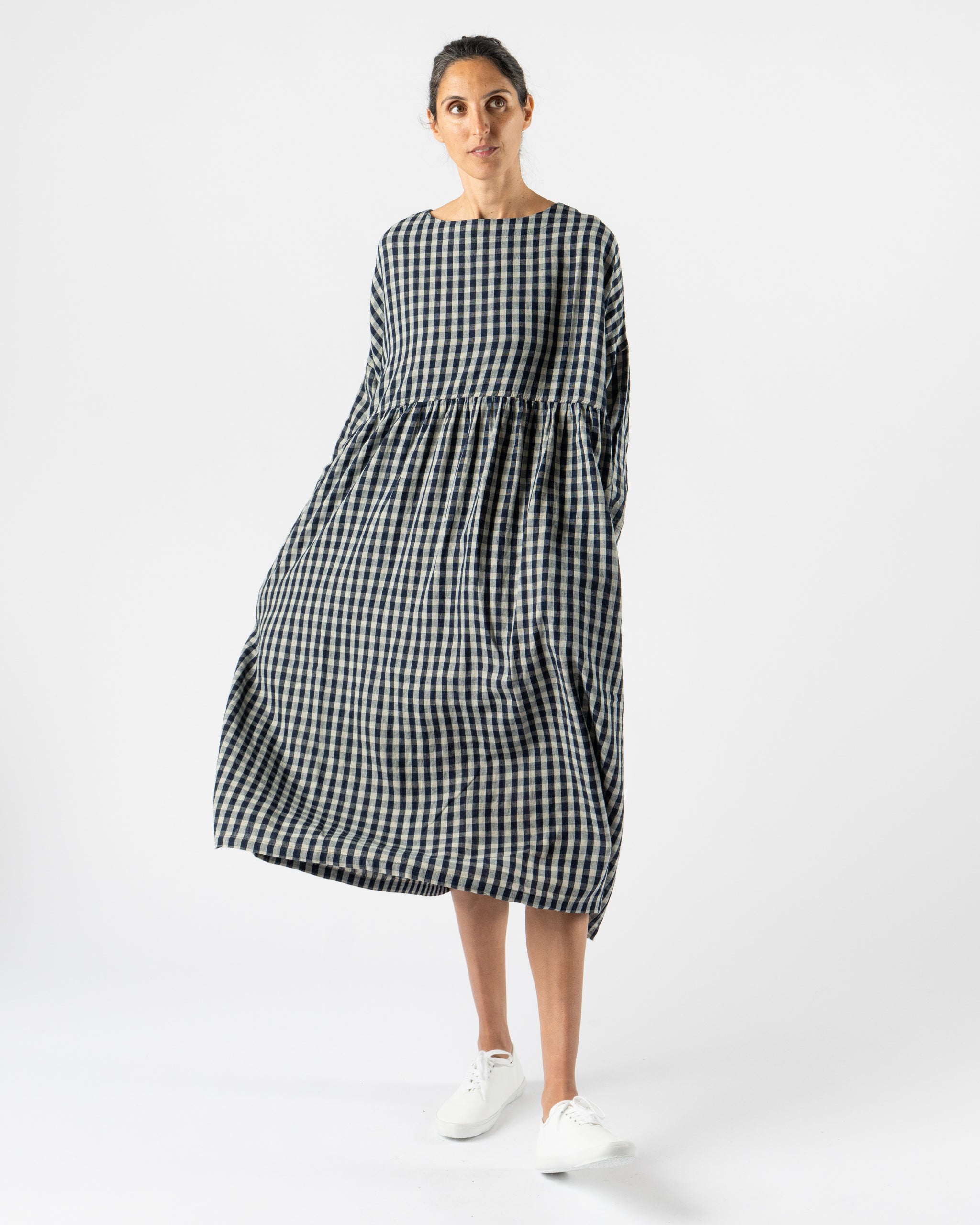 Ichi Antiquits Linen Gingham Check Dress in Indigo/Natural Curated at Jake and Jones Ichi Antiquits Linen Gingham Check Dress in Indigo/Natural Curated at Jake and Jones