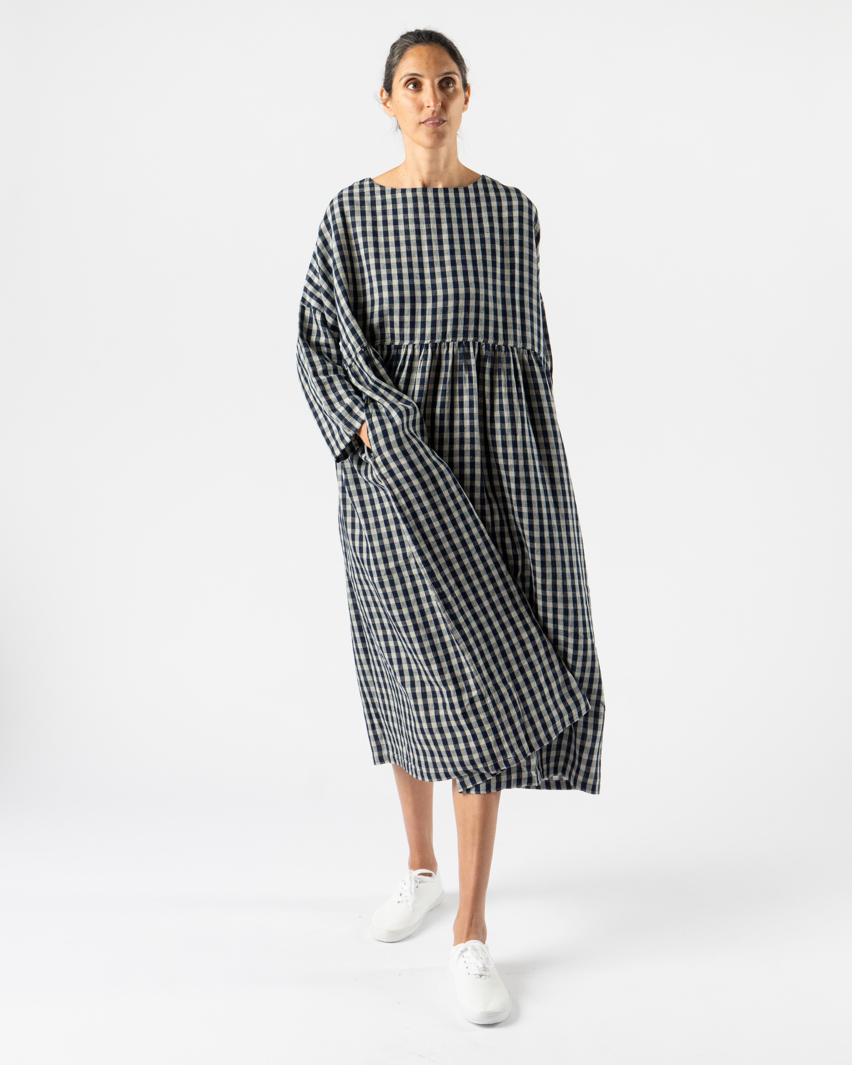 Ichi Antiquités Linen Gingham Check Dress in Indigo/Natural