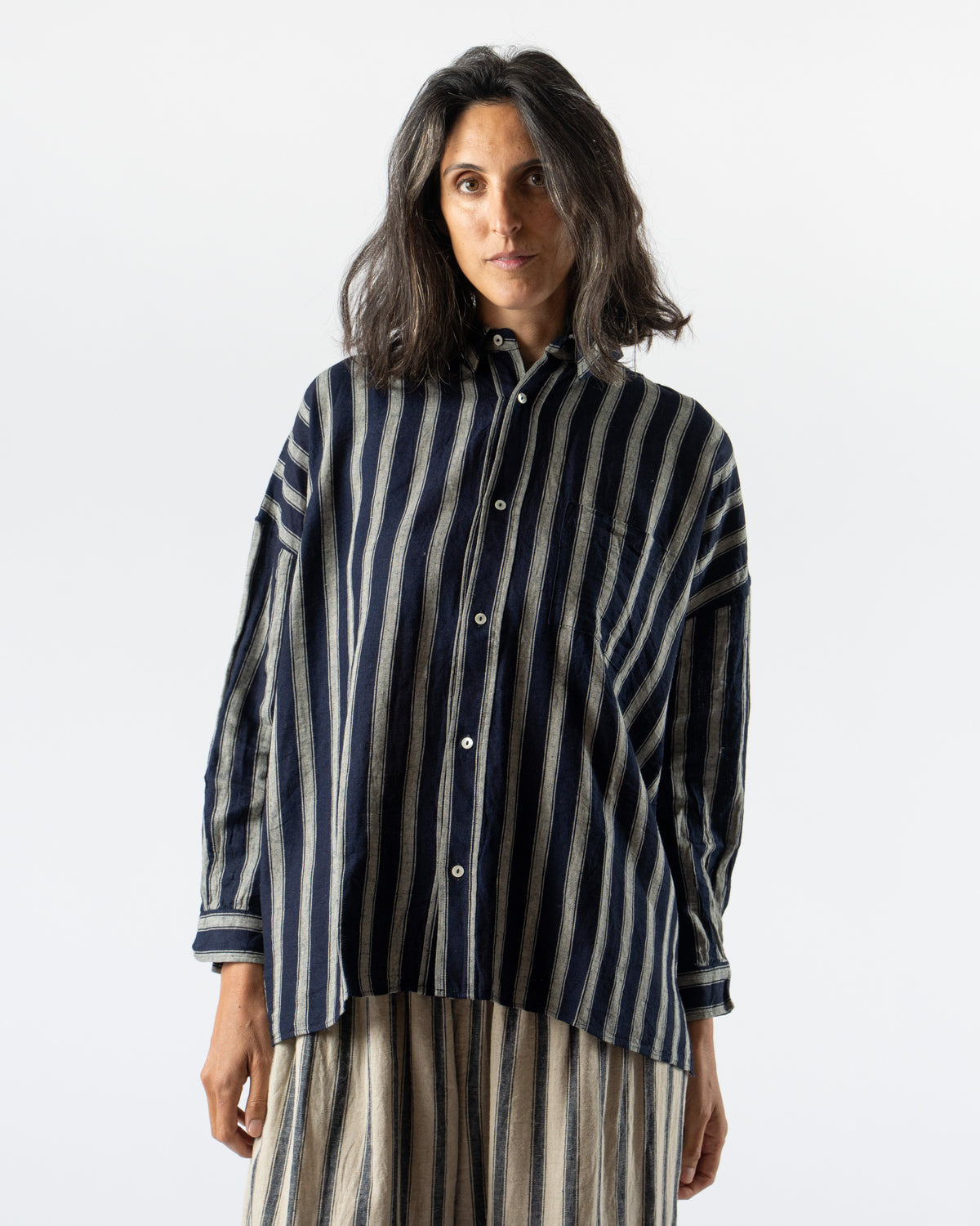 Ichi Antiquités Linen Gingham Check Stripe Shirt in Indigo/Natural 