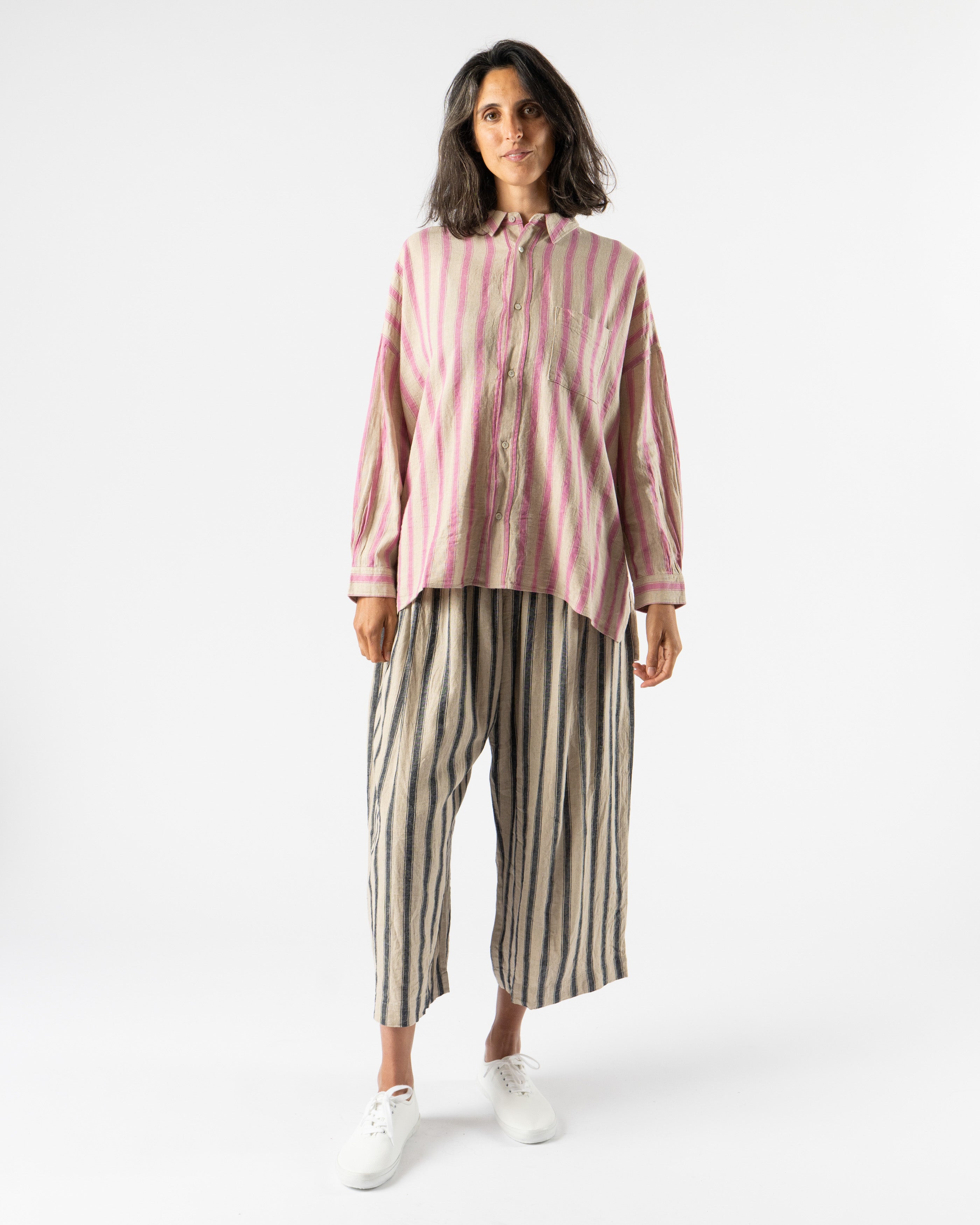 Ichi Antiquités Linen Gingham Check Stripe Shirt in Pink/Brown
