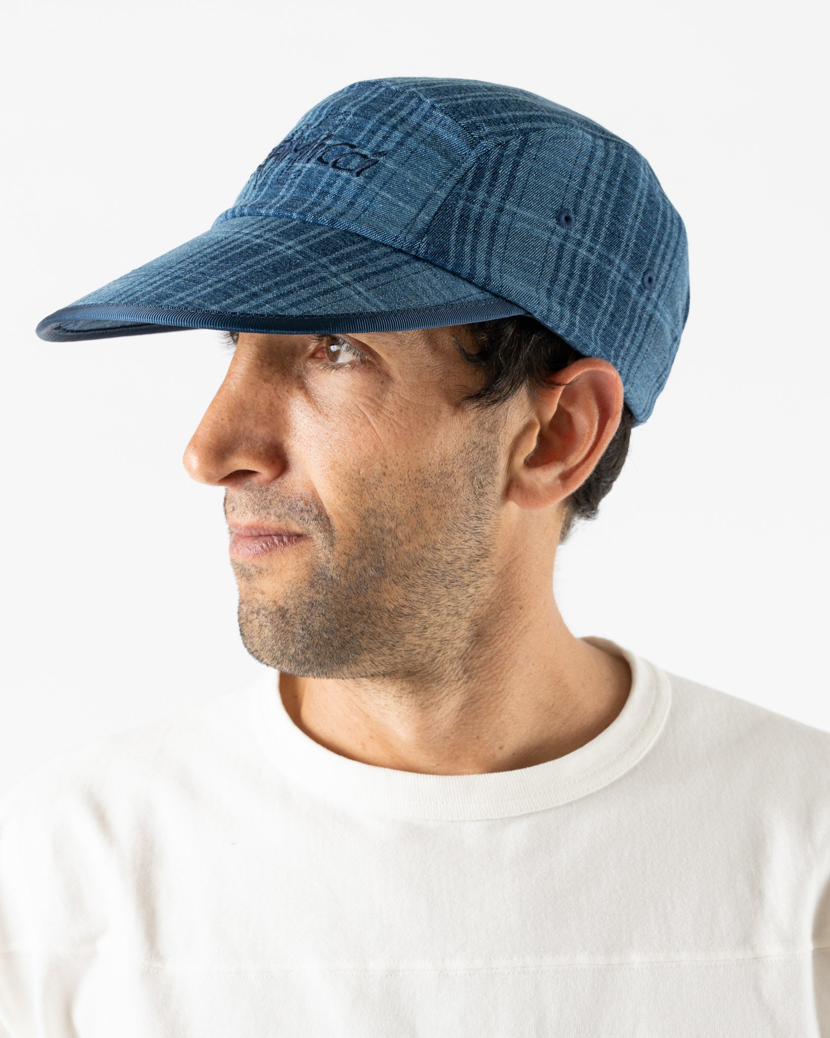 帽子 LAUG PLAID ORGANIC COTTON CAP (BLUE) Gramicci Long Bill Cap in Indigo Checkered Plaid Curated at Jake