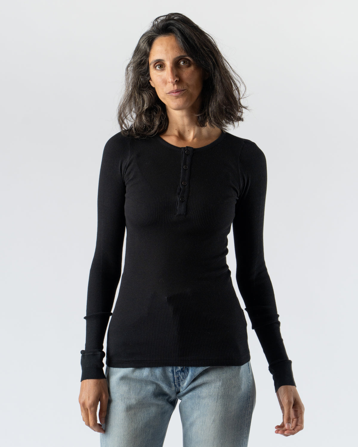 Auralee Organic Soft Rib Henley Neck Pullover in Black Curated at 