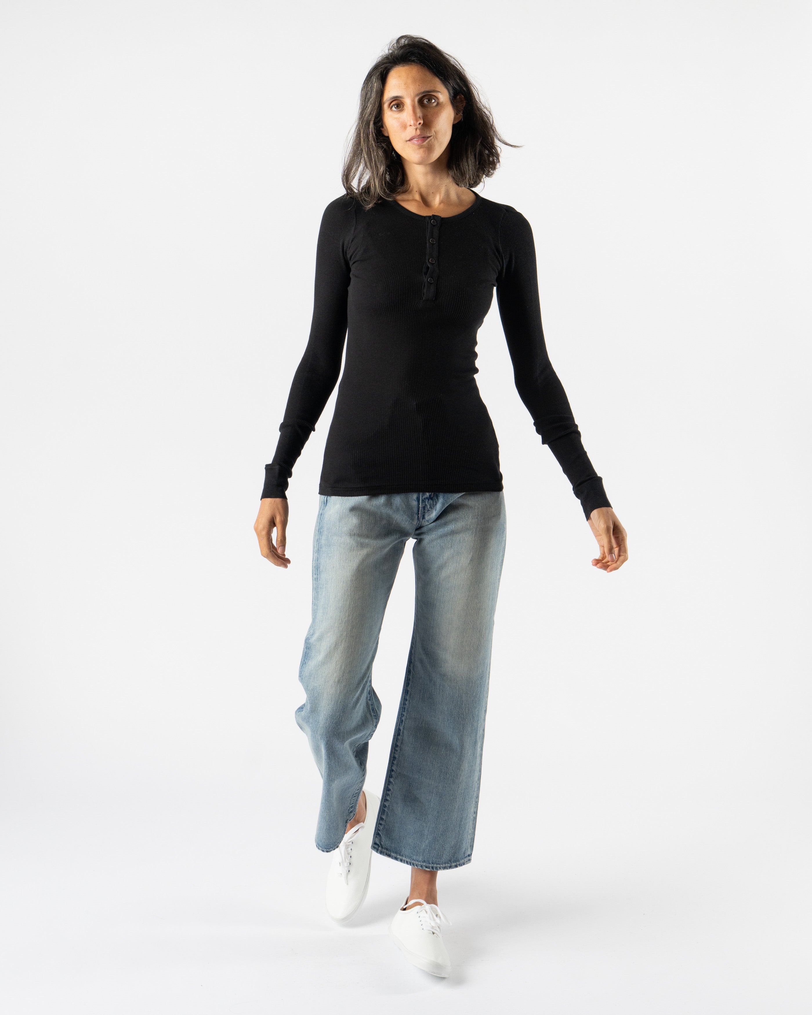 Auralee Organic Soft Rib Henley Neck Pullover in Black