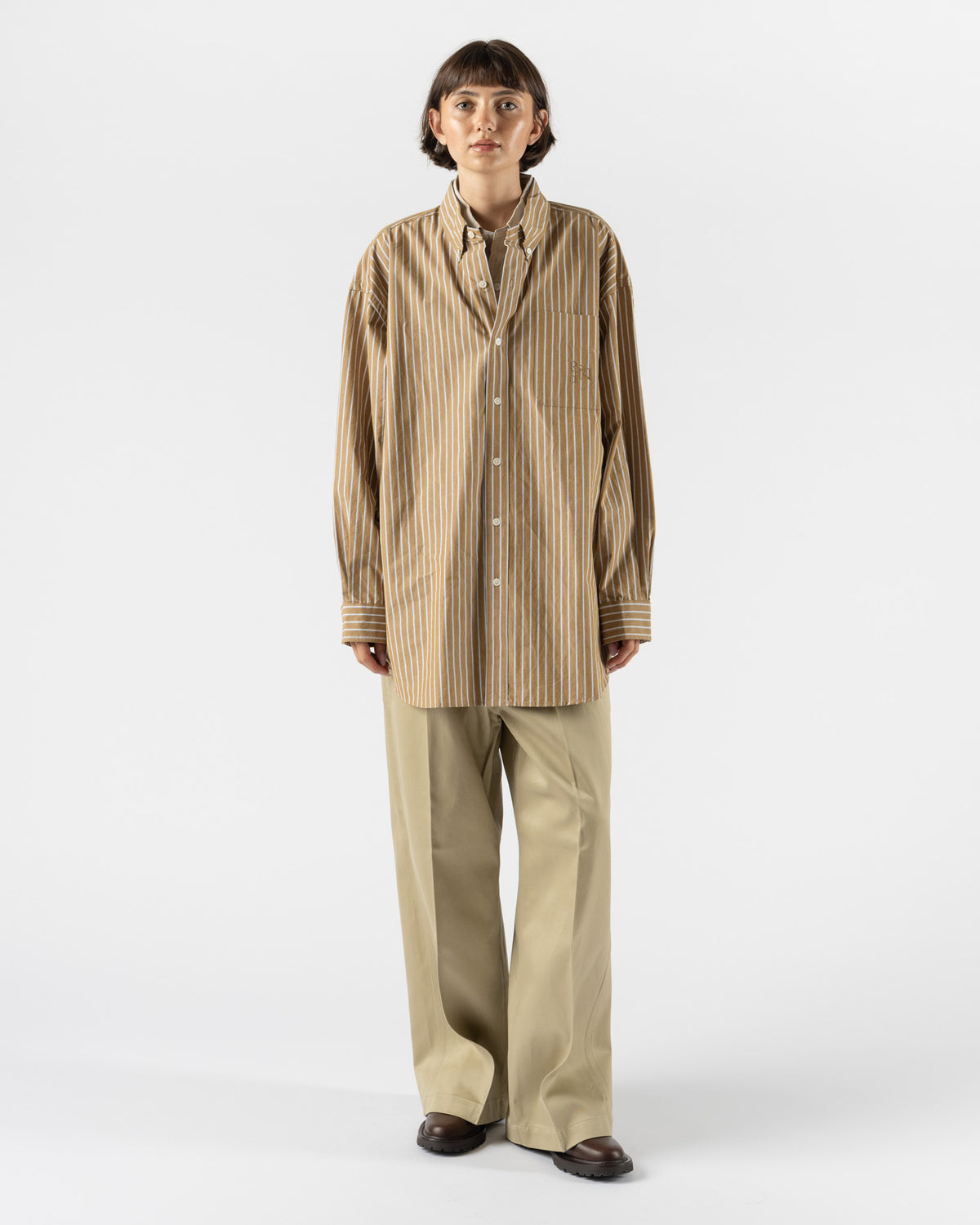 Rhodolirion Double Layer Button-Down Shirt in Beige Stripe