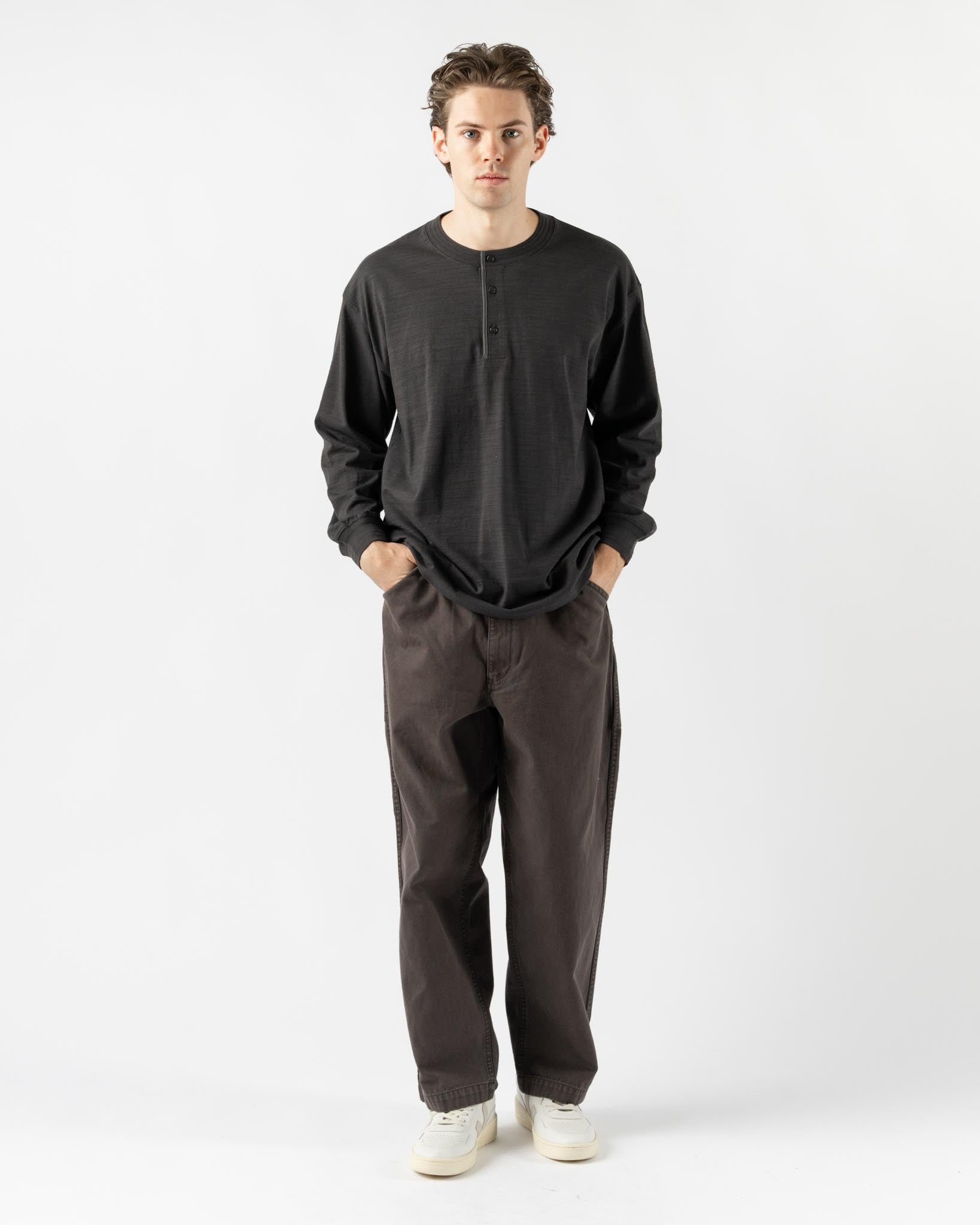 Pilgrim Surf + Supply Donald Long Sleeve Henley in Sumi Black