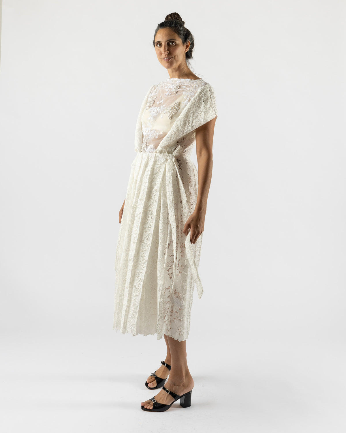 Simone Rocha Pleated Sheer Panel Flare Dress in Ivory/White/Pearl