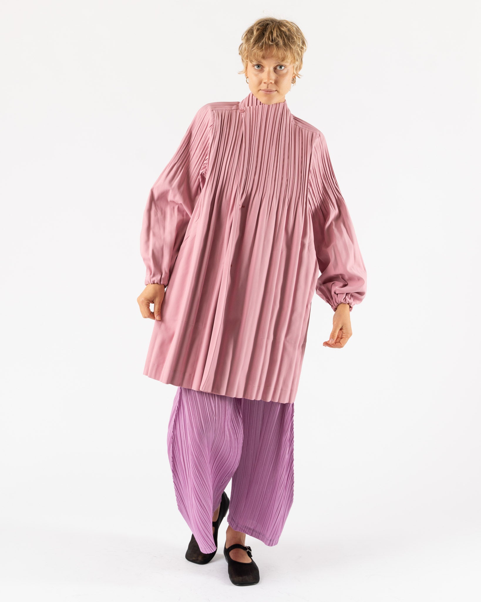Pleats Please Issey Miyake Smooth Coat in Rose Pink