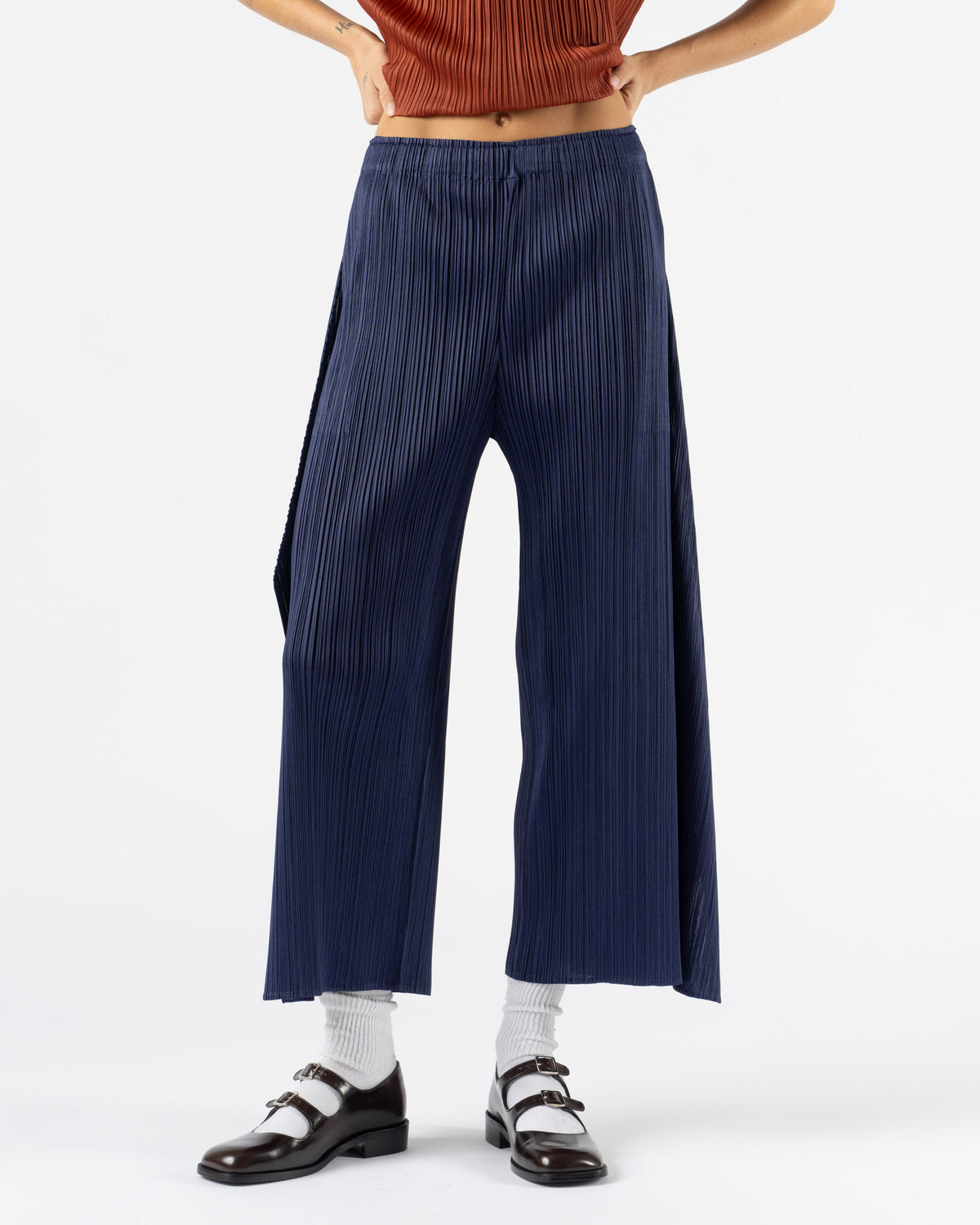 Pleats Please Issey Miyake Monthly Colors September Wide Pleat Pants in Navy Blue