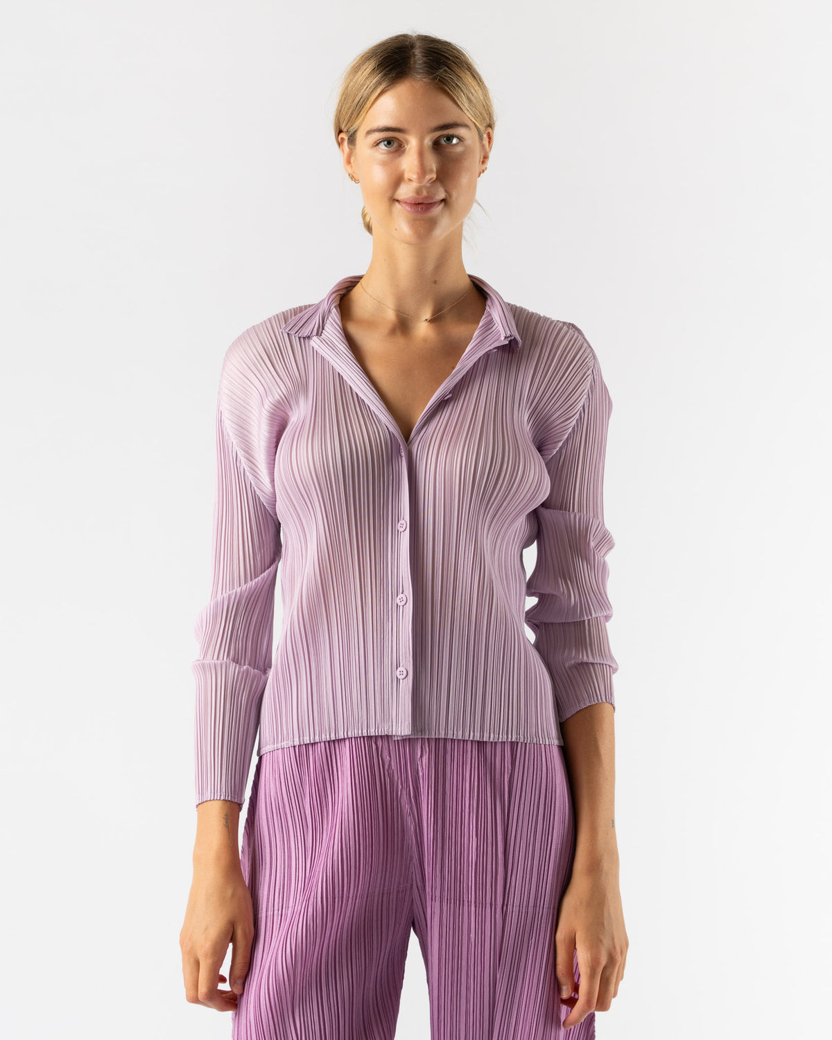 Pleats Please Issey Miyake Pleats Shirt in Light Pink Curated at 