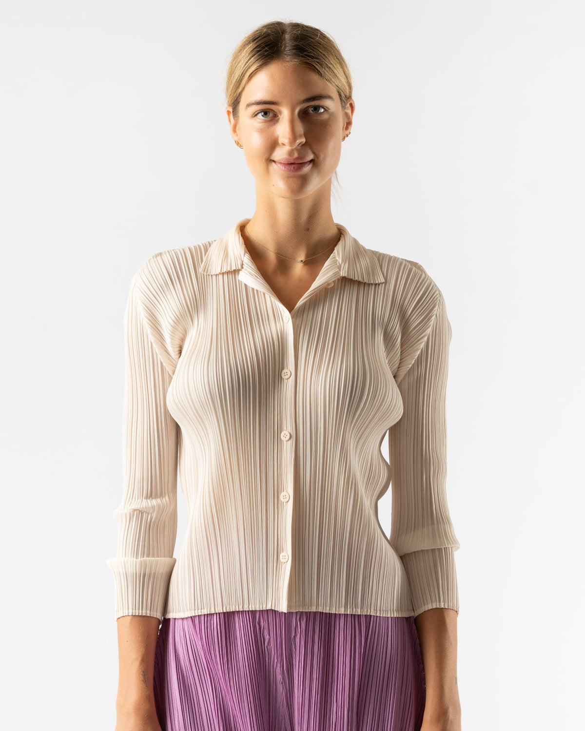 Pleats Please Issey Miyake Pleats Shirt in Off White Curated at 