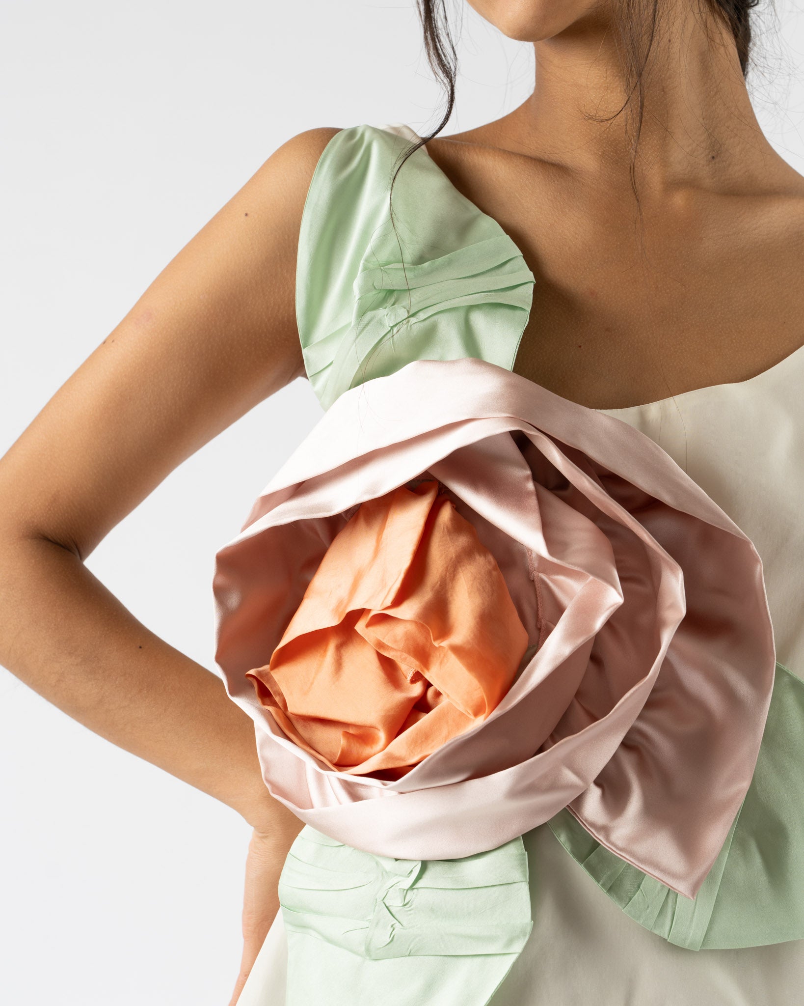 Simone Rocha Pressed Rosette Tilted Neck Peplum Top in Cream/Multi