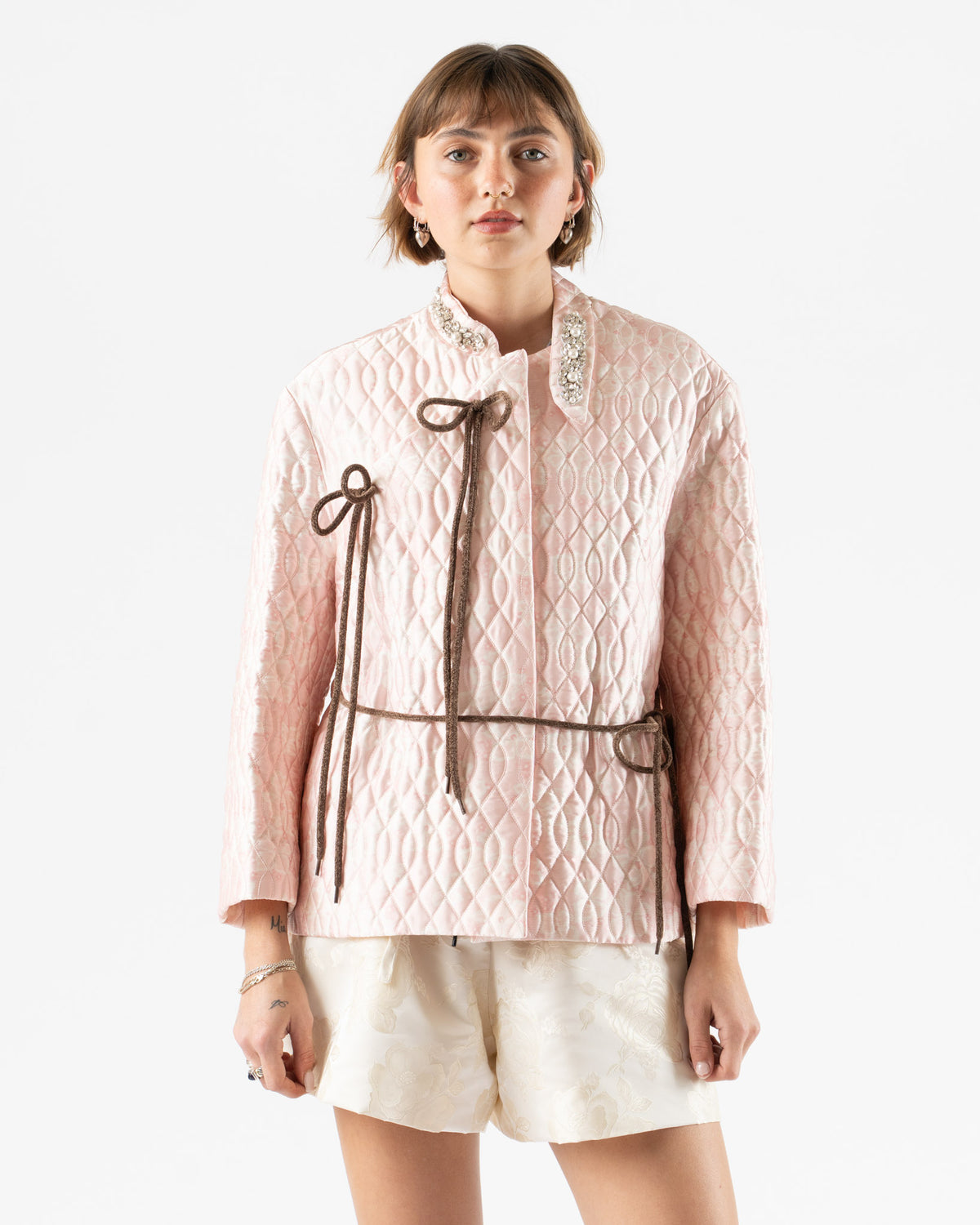 Simone Rocha Quilted Offset Fragment Collar Jacket in Pink/Brown 