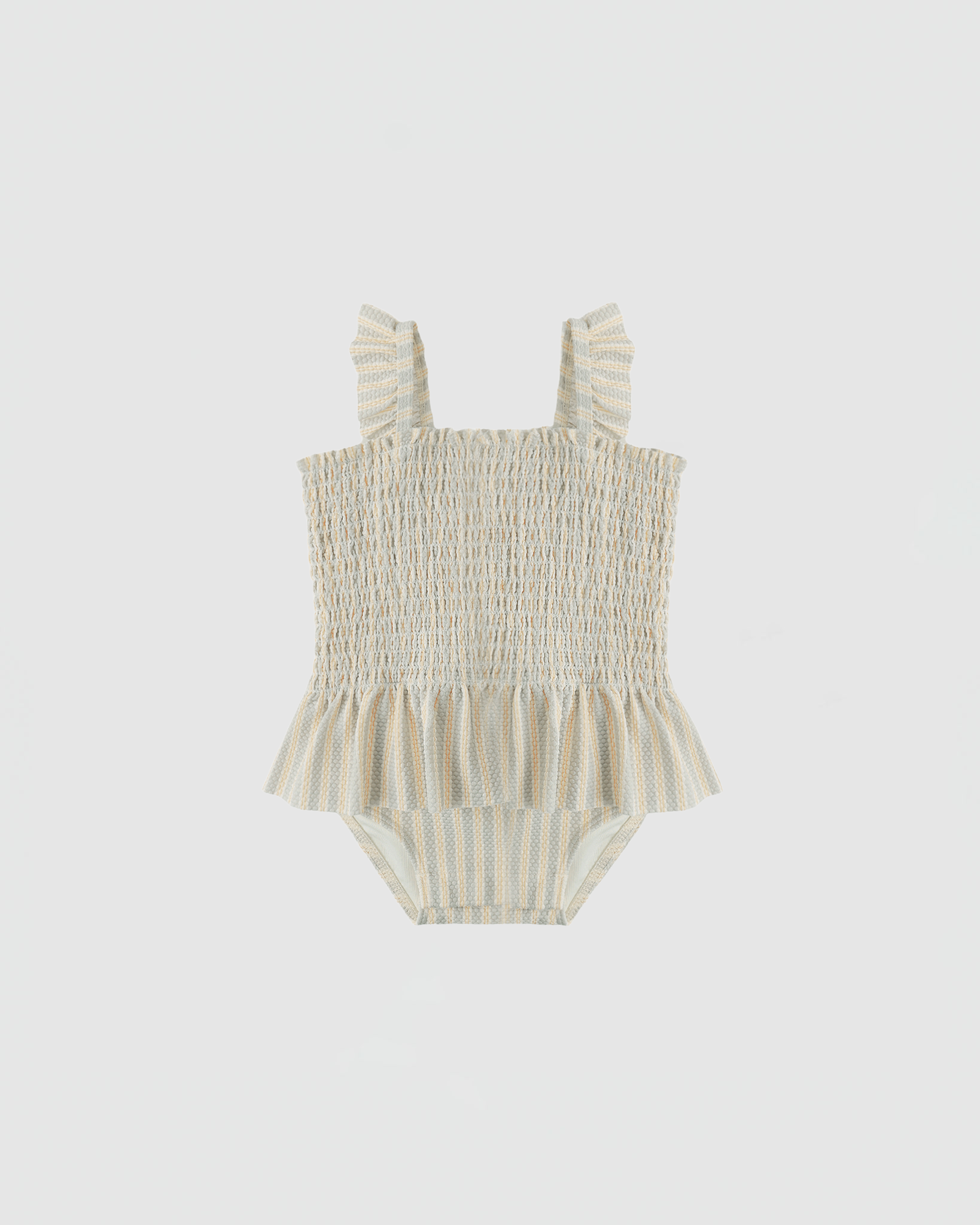 Quincy Mae Smocked One-Piece Swimsuit in Blue + Butterscotch Stripe