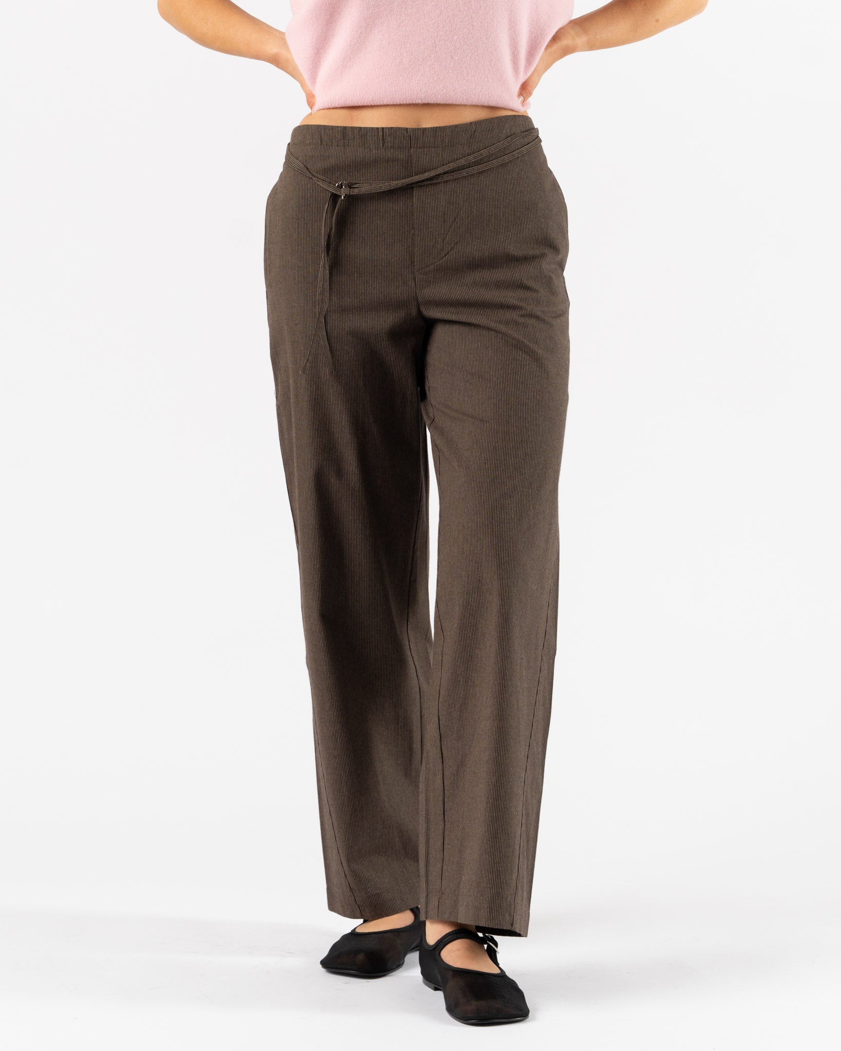 Deiji Studios Double Belted Pant in Brown Stripe