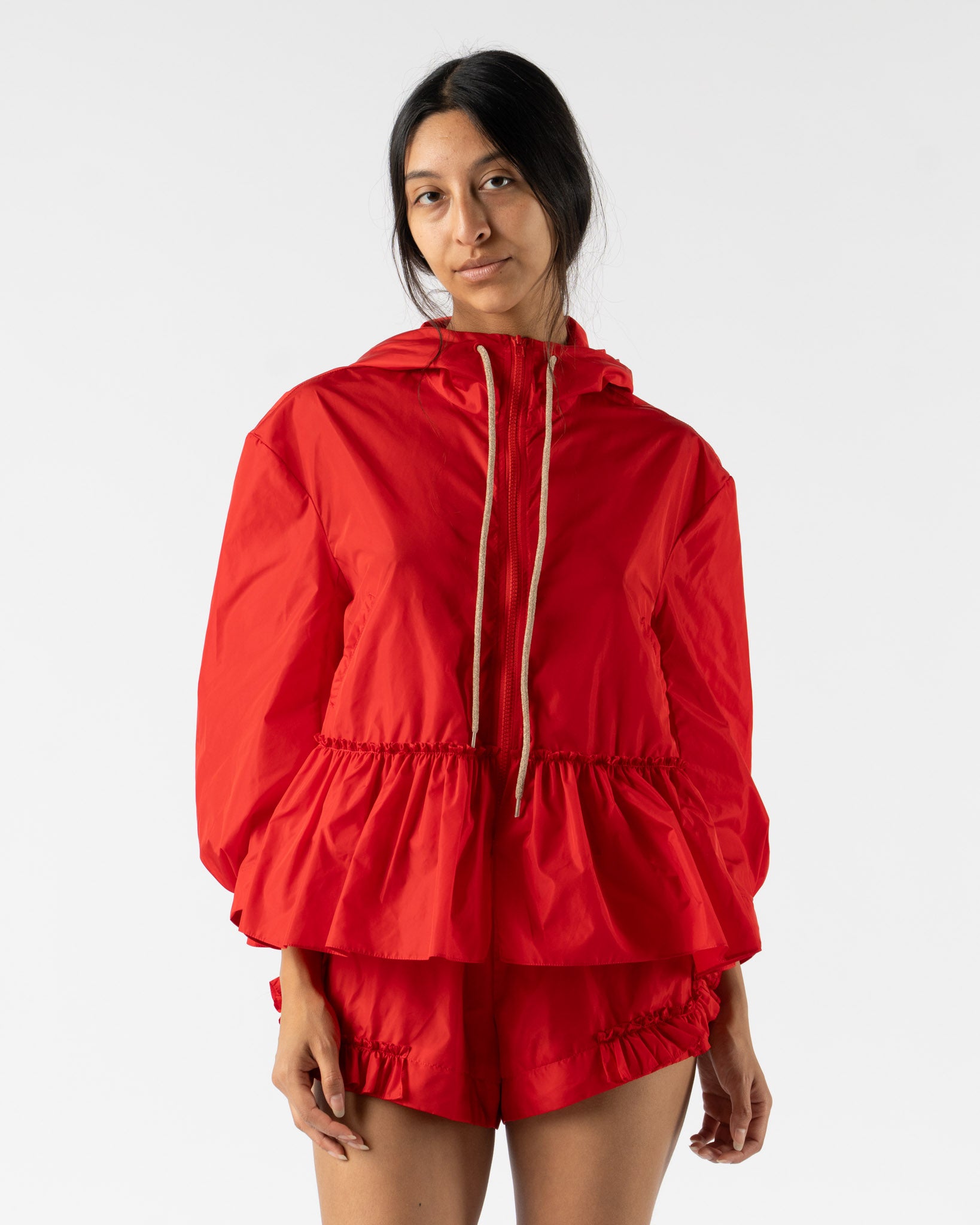 Simone Rocha Ruffle Frill Peplum Jacket in Red/Taupe Tech Nylon