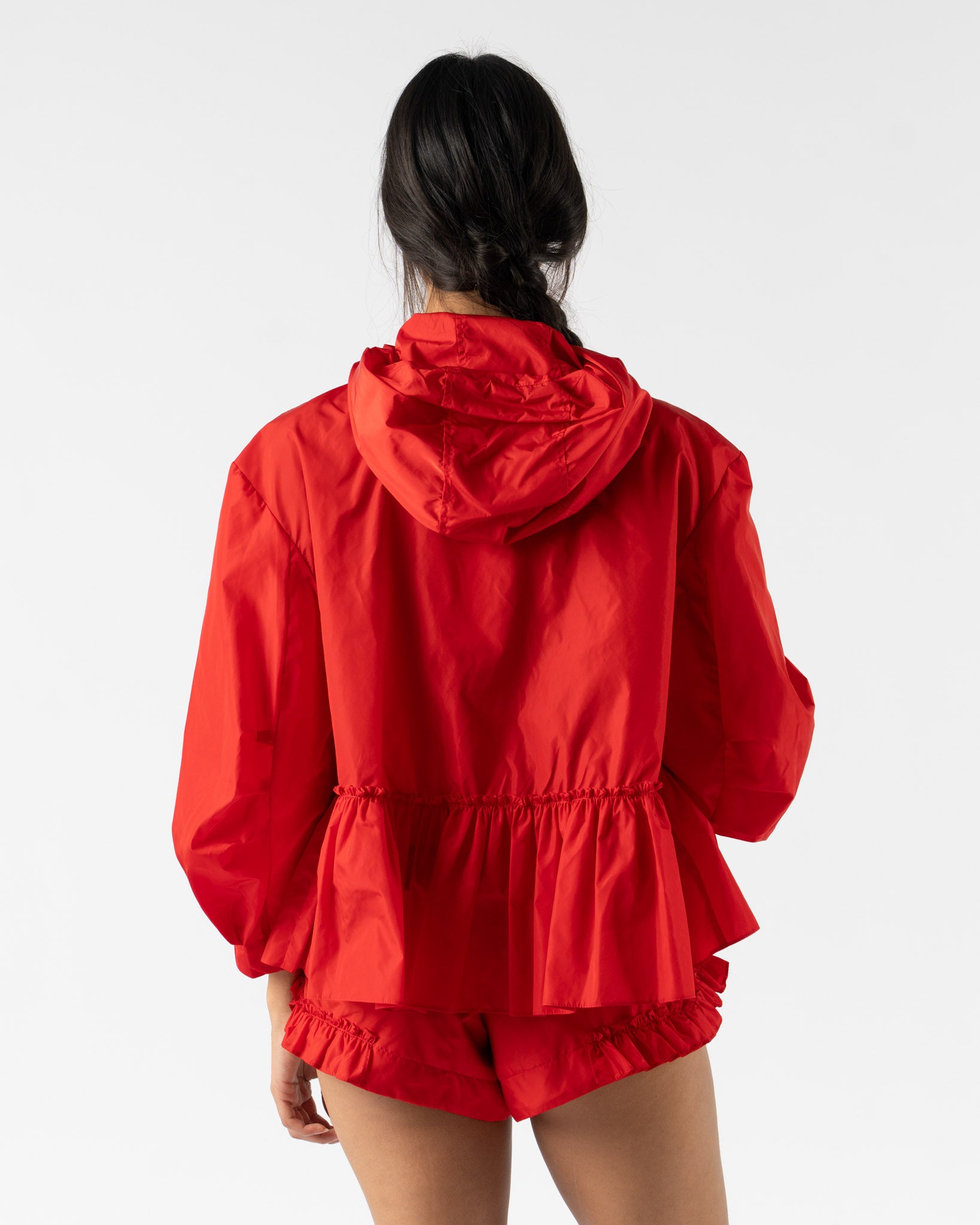 Simone Rocha Ruffle Frill Peplum Jacket in Red/Taupe Tech Nylon