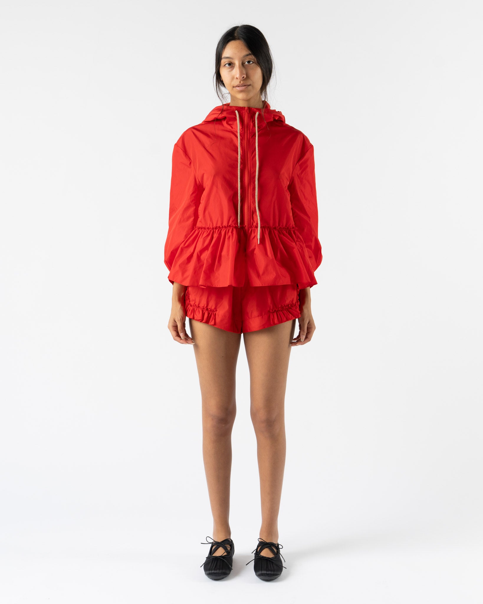 Simone Rocha Ruffle Frill Peplum Jacket in Red/Taupe Tech Nylon