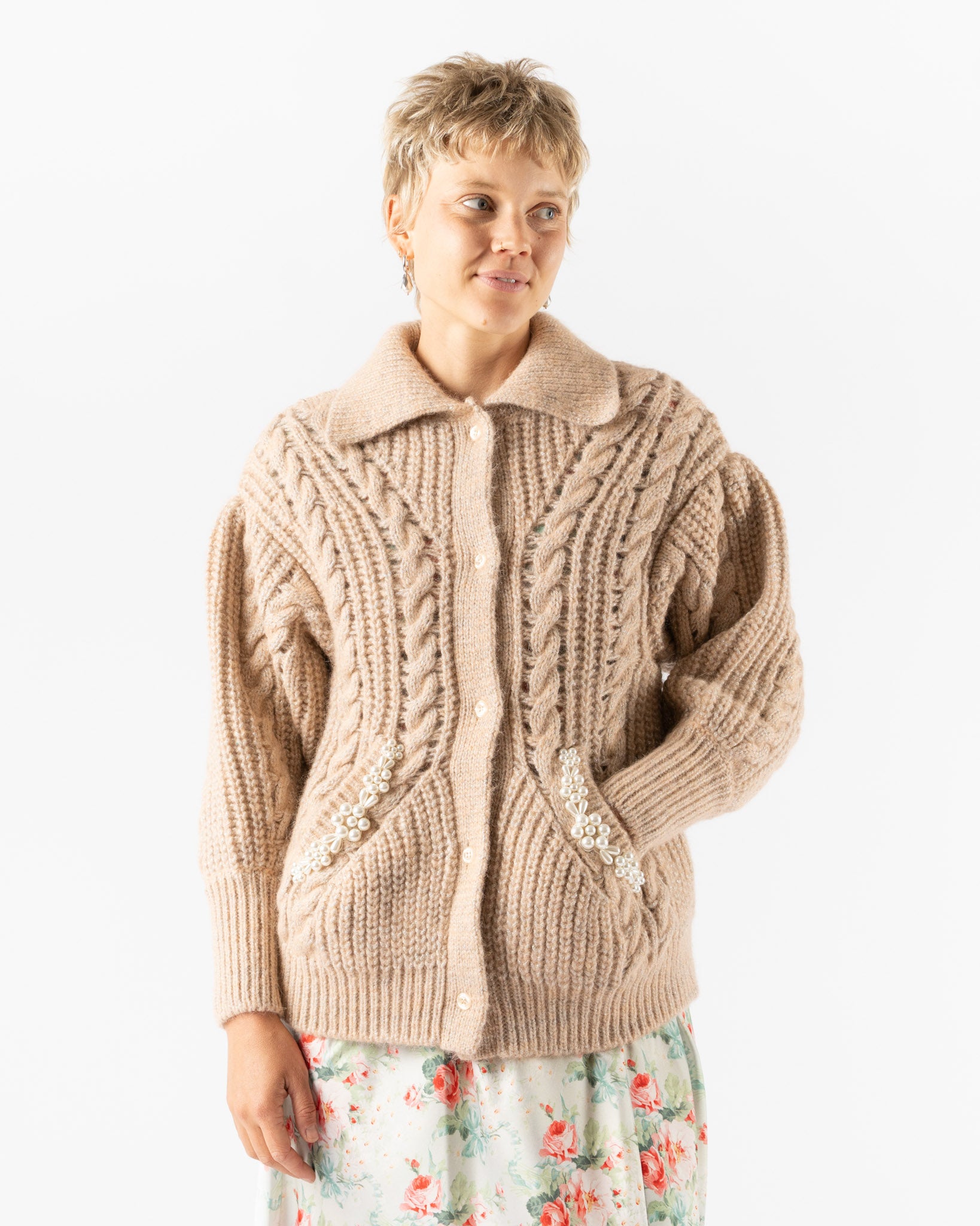 Simone Rocha Sculpted Collared Chunky Knit Cardigan in Rose/Pearl
