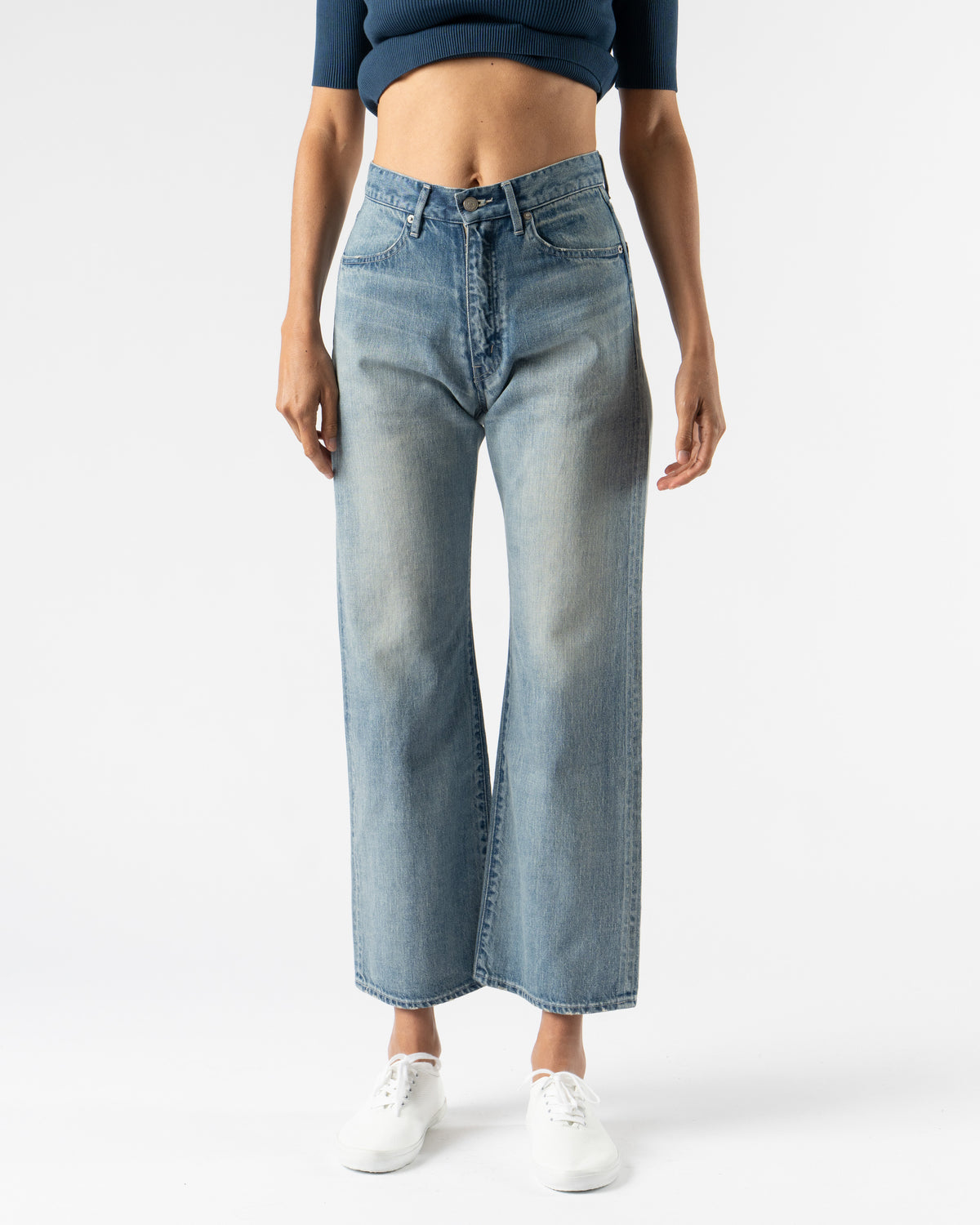 Auralee Selvedge Faded Light Denim Pants in Light Denim Curated at 