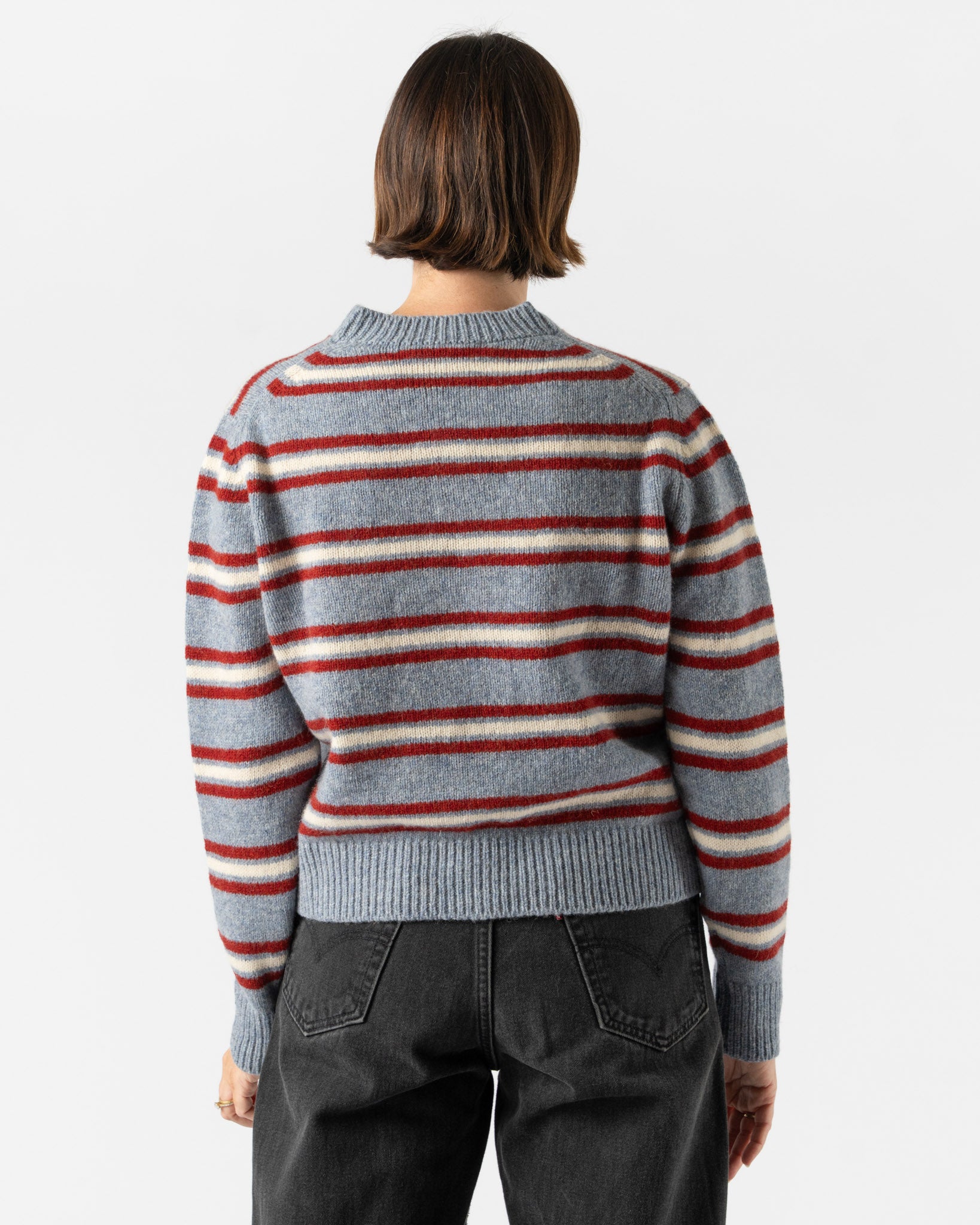 &Daughter Shetland Stripe V-Neck in Pale Blue, Burgundy & Ecru