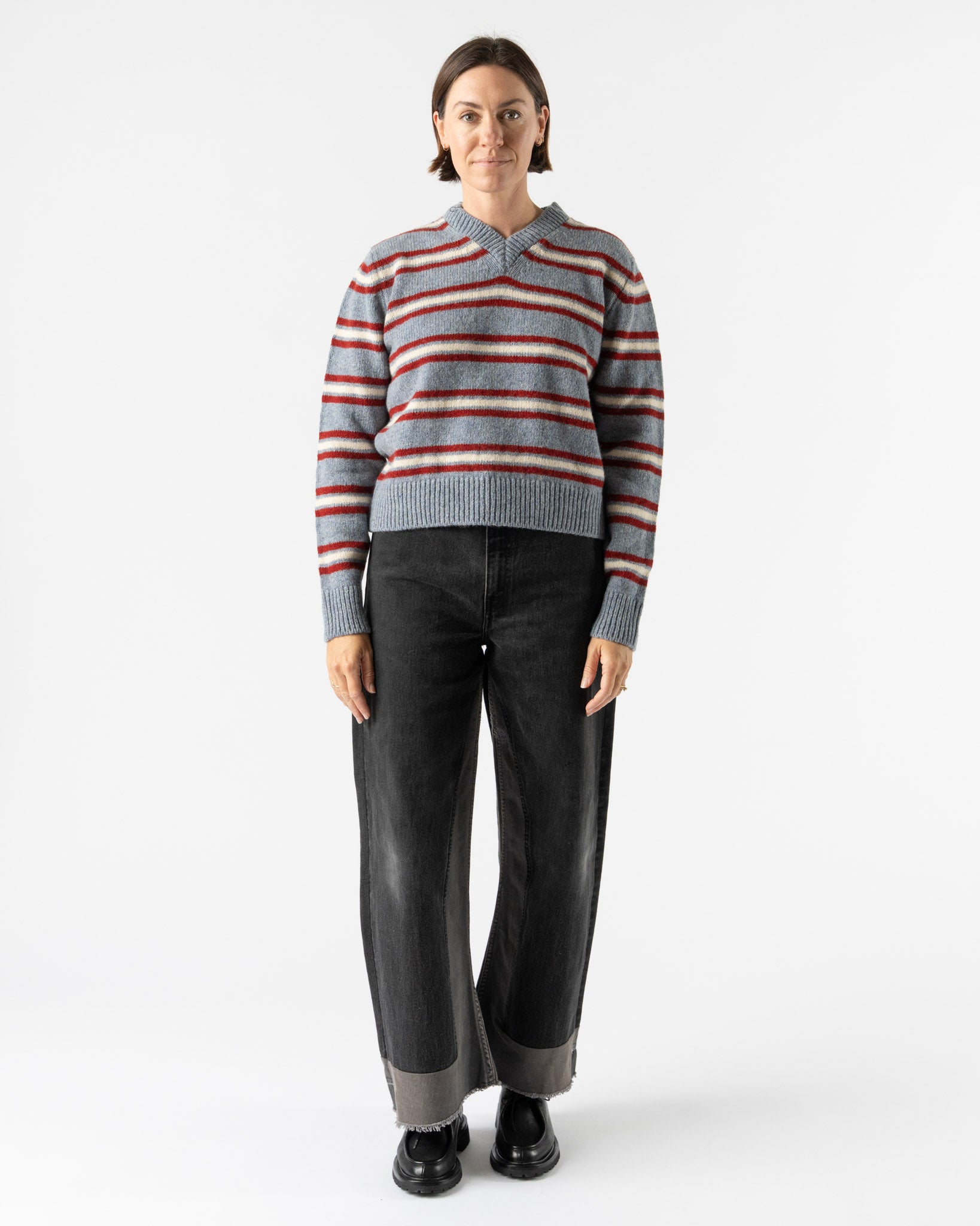 &Daughter Shetland Stripe V-Neck in Pale Blue, Burgundy & Ecru