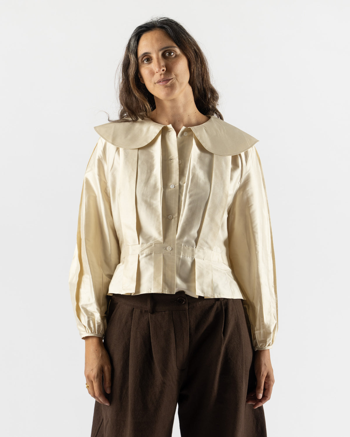 Cawley Silk Dupion Box Pleat Blouse in Ivory