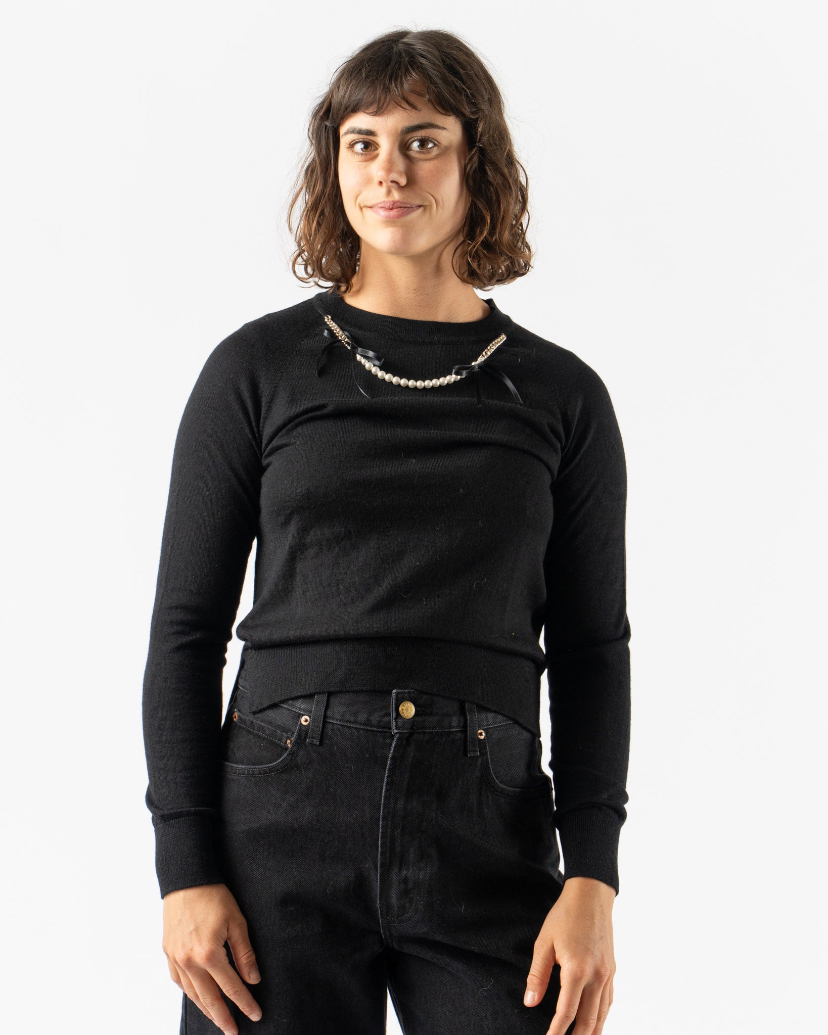 Simone Rocha Classic Long Sleeve Jumper with Embroidery in Black/Pearl