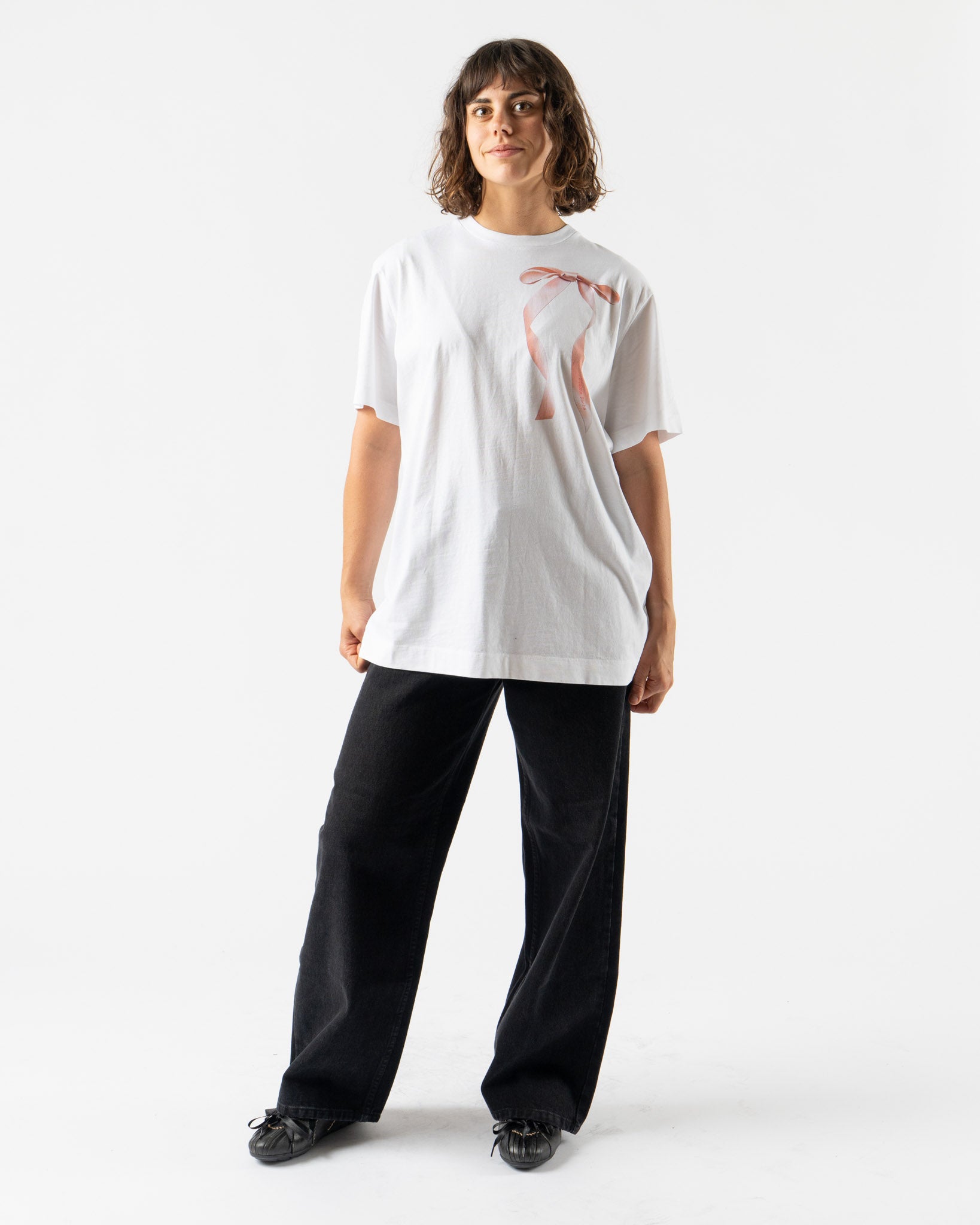 Simone Rocha Ribbon Bow Tail Print T-Shirt in White/Pink