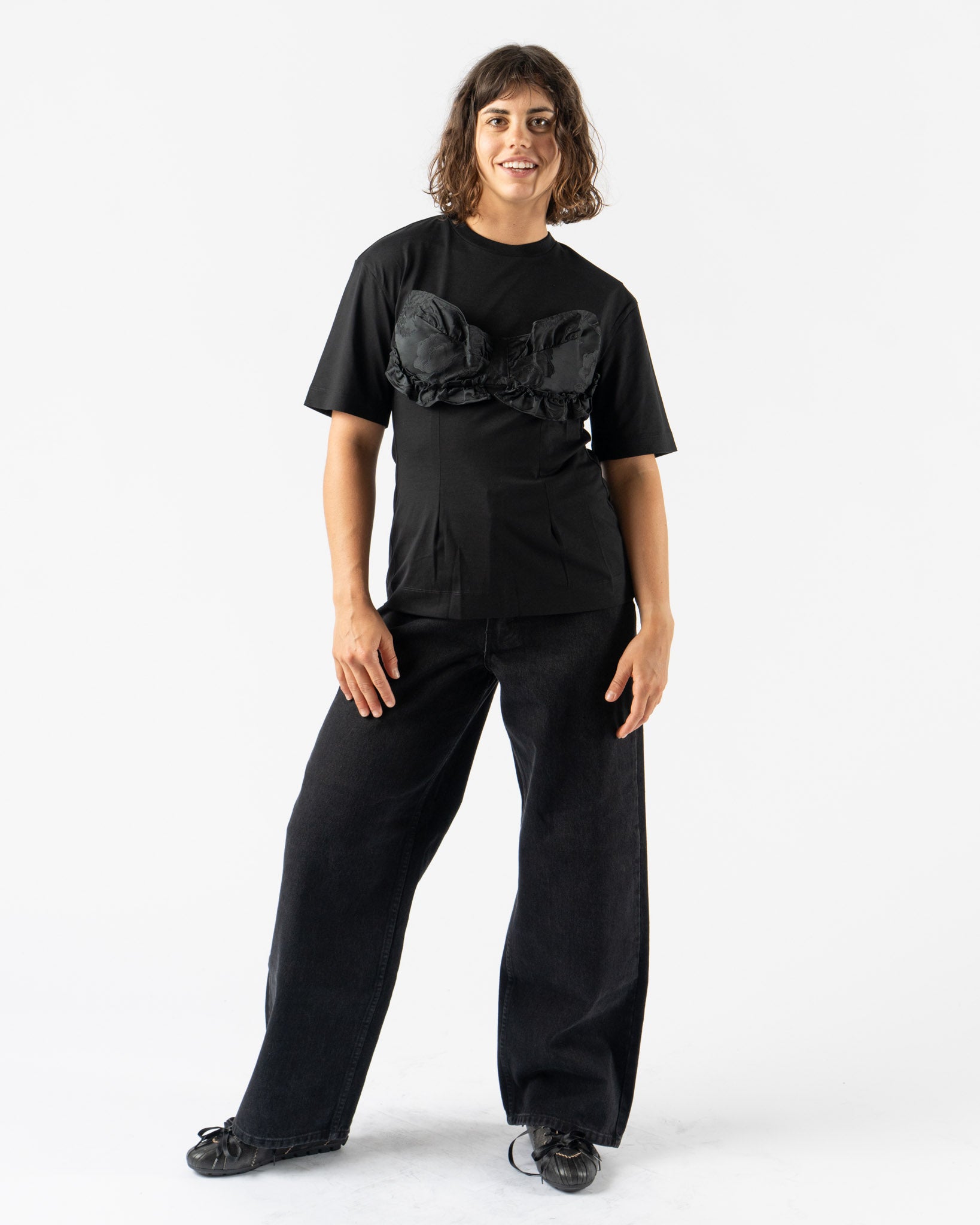 Simone Rocha Patchwork Frill Bust Detail T-Shirt in Black
