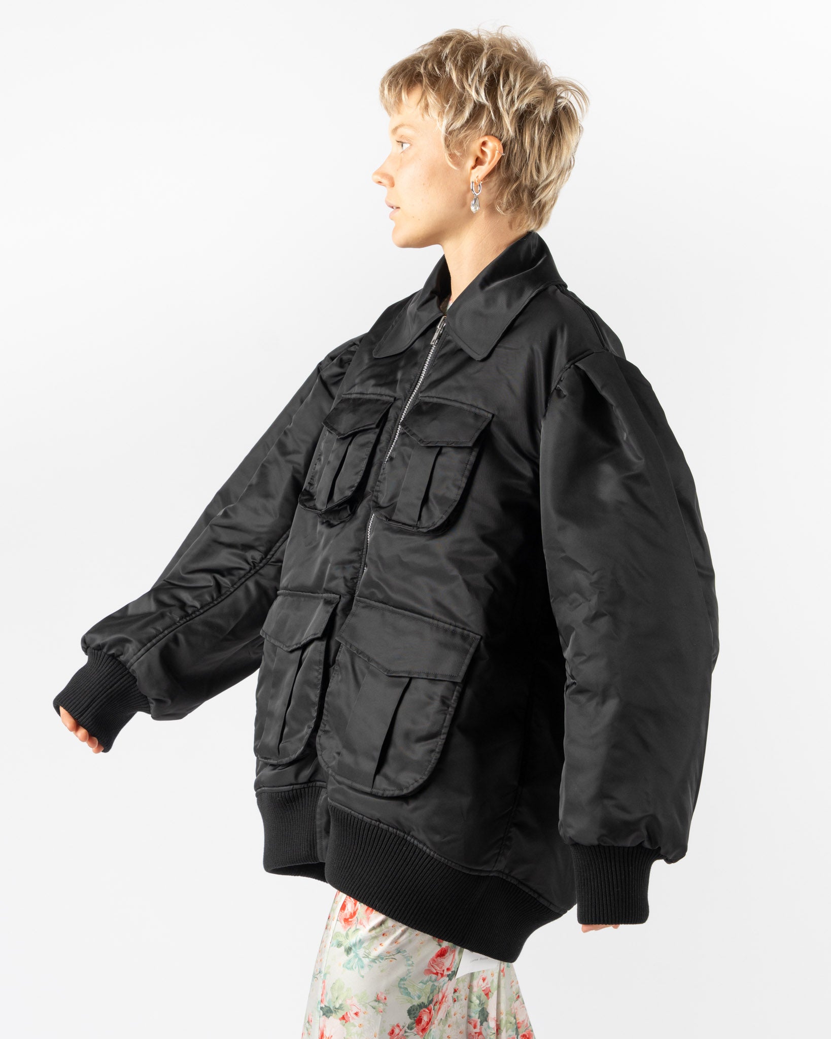 Simone Rocha Puff Sleeve Multi Bomber Satin Jacket in Black
