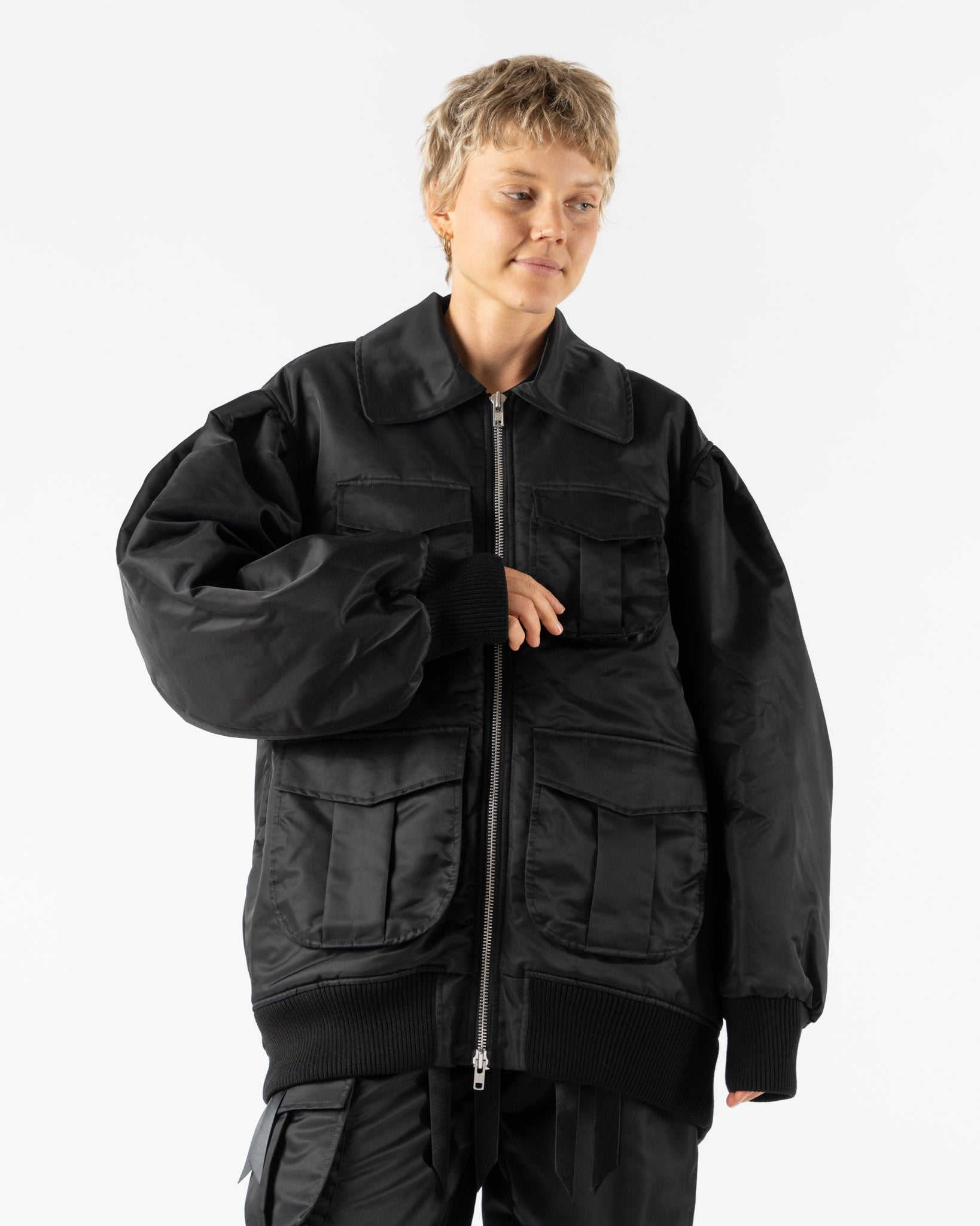 Simone Rocha Puff Sleeve Multi Bomber Satin Jacket in Black