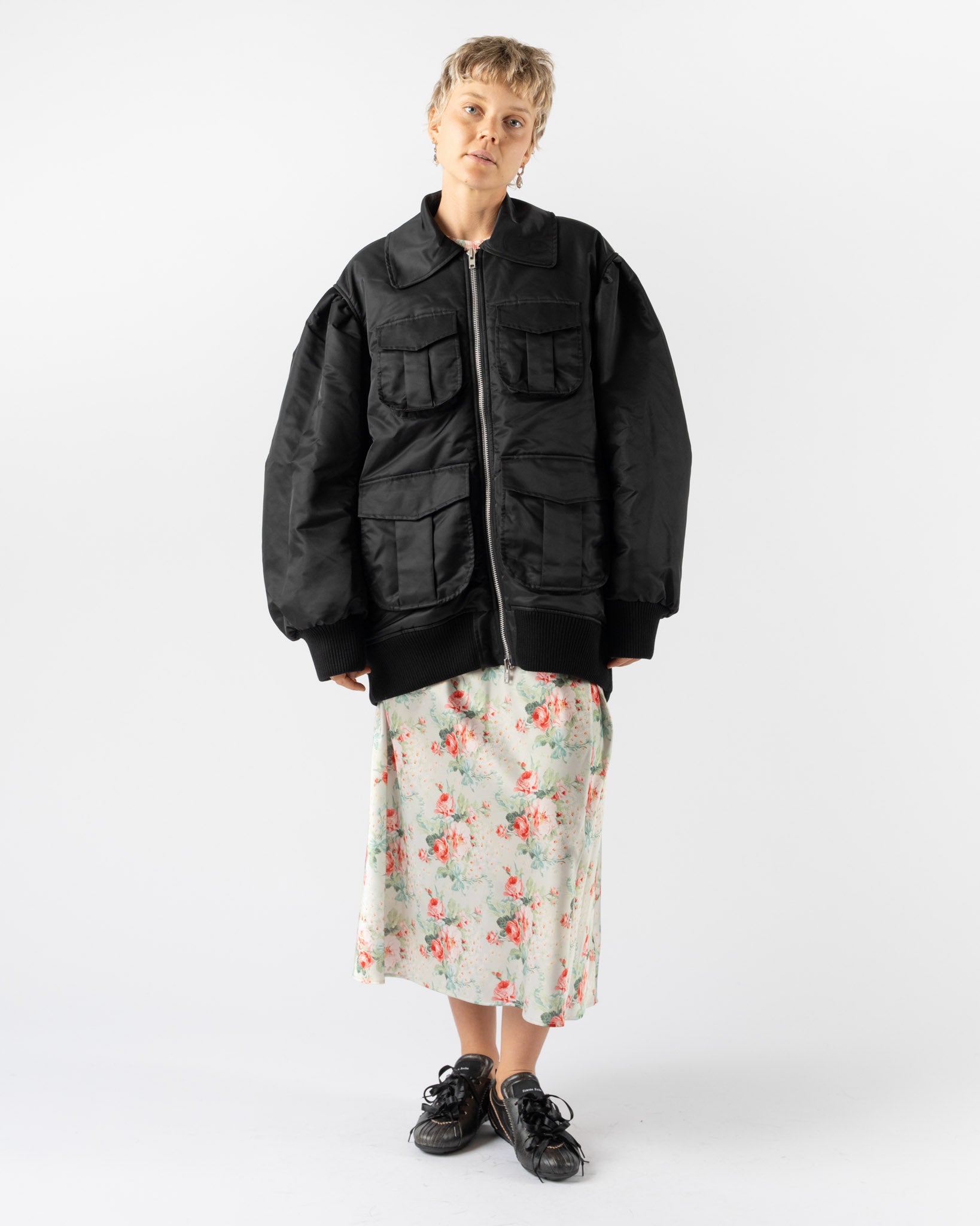 Simone Rocha Puff Sleeve Multi Bomber Satin Jacket in Black