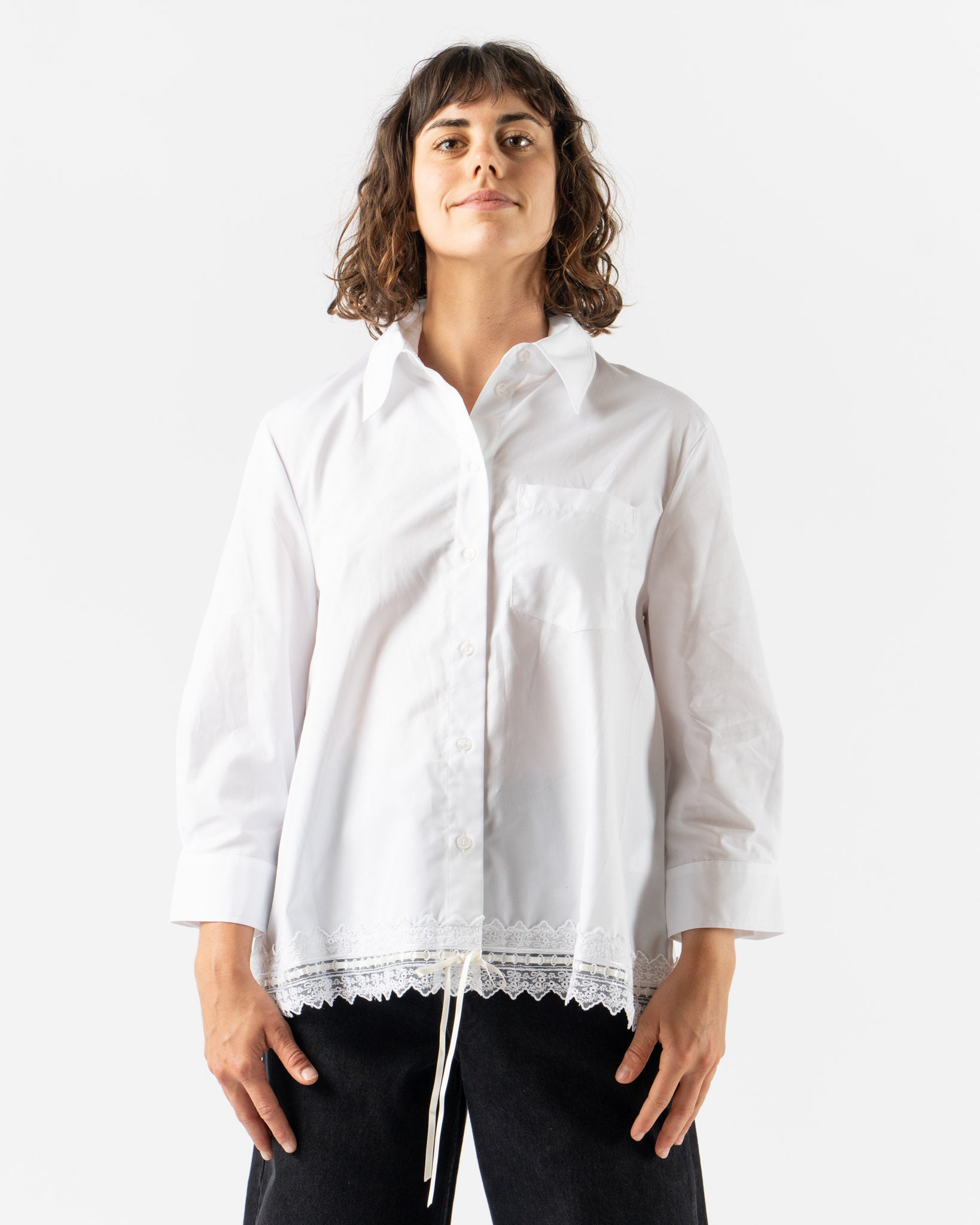 Simone Rocha Cropped Ribbon Trim Masculine Shirt in White